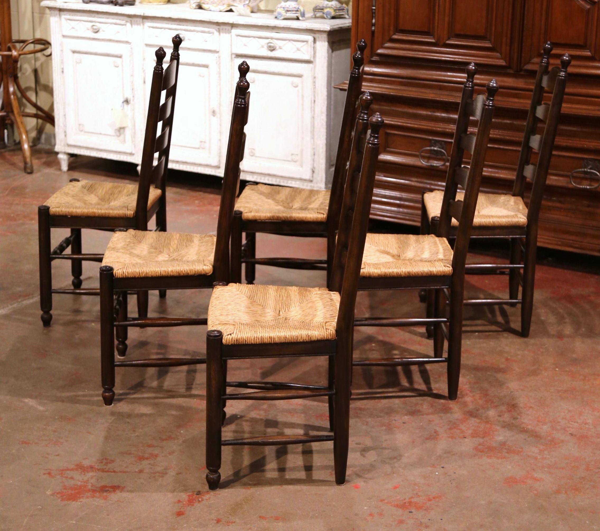 Vintage French Carved Oak Ladder Back Chairs with Rush Woven Seat, Set of Six 6