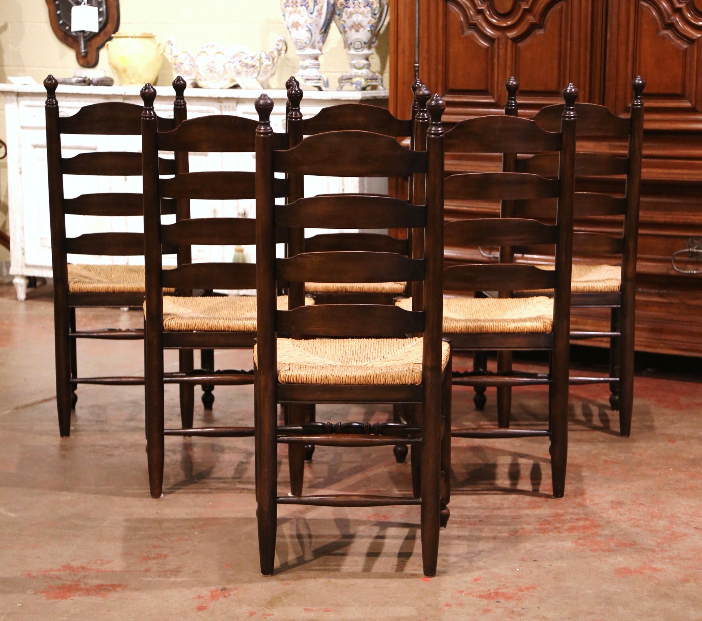 Vintage French Carved Oak Ladder Back Chairs with Rush Woven Seat, Set of Six 11