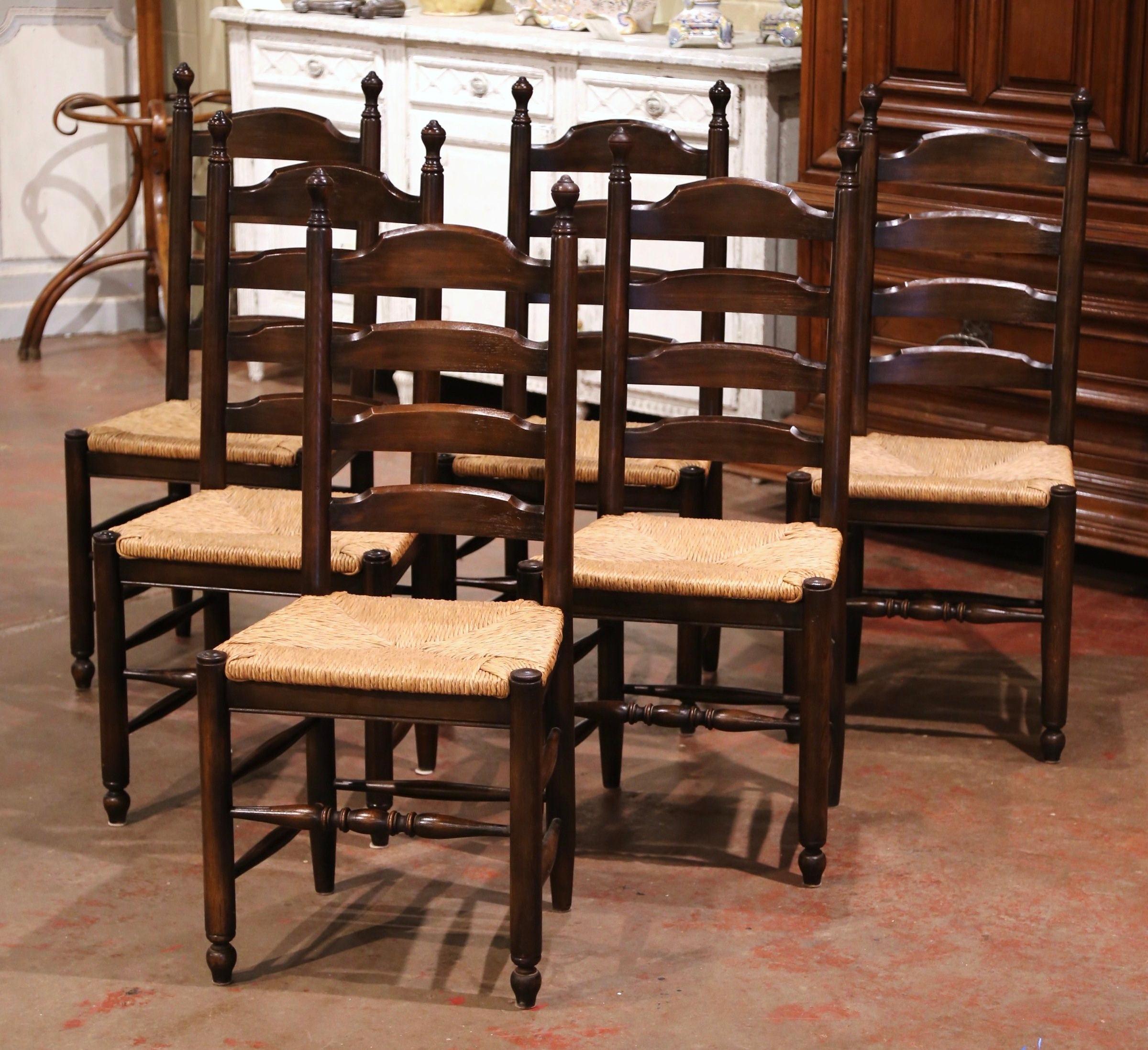 Country Vintage French Carved Oak Ladder Back Chairs with Rush Woven Seat, Set of Six