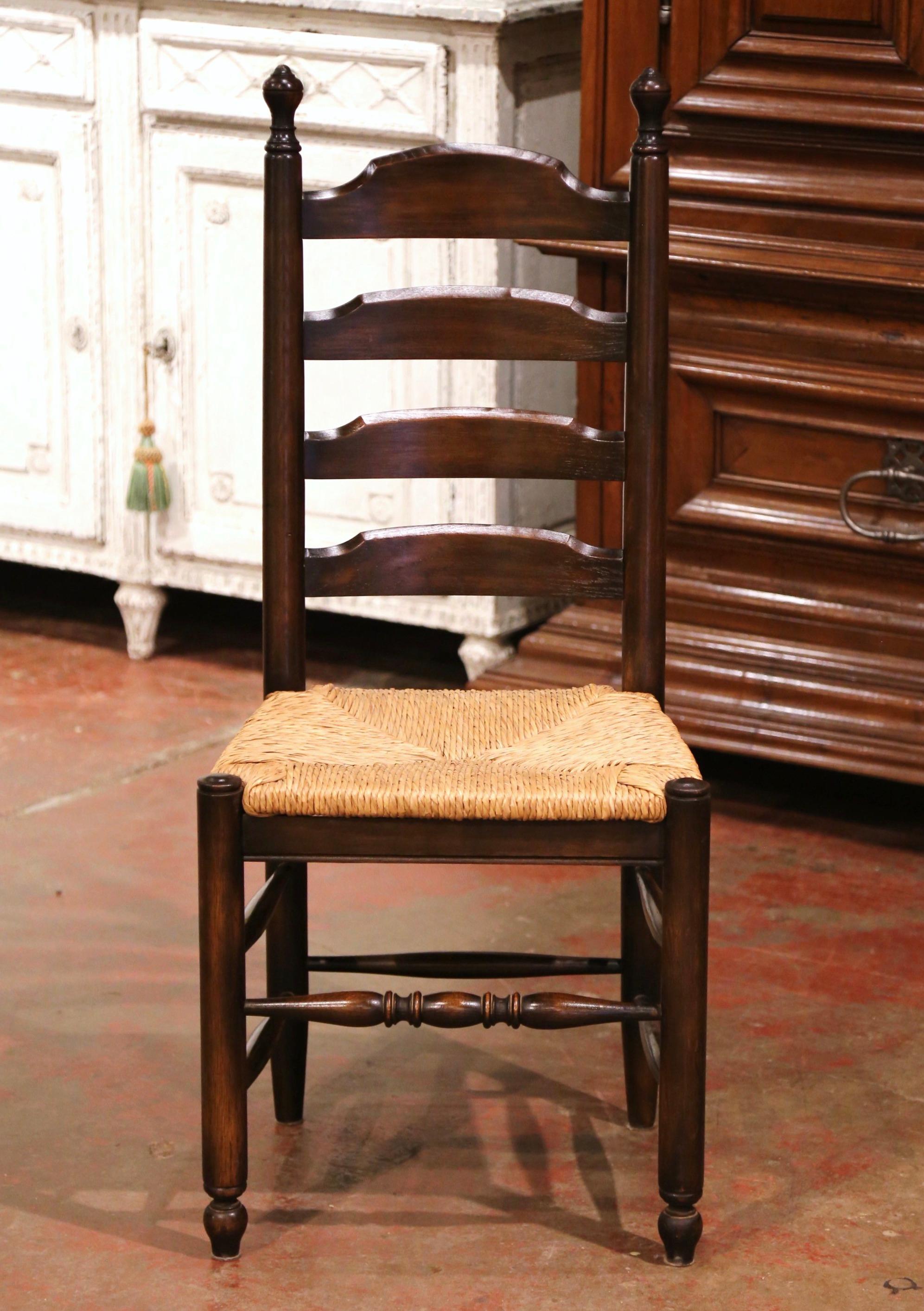 Vintage French Carved Oak Ladder Back Chairs with Rush Woven Seat, Set of Six In Excellent Condition In Dallas, TX