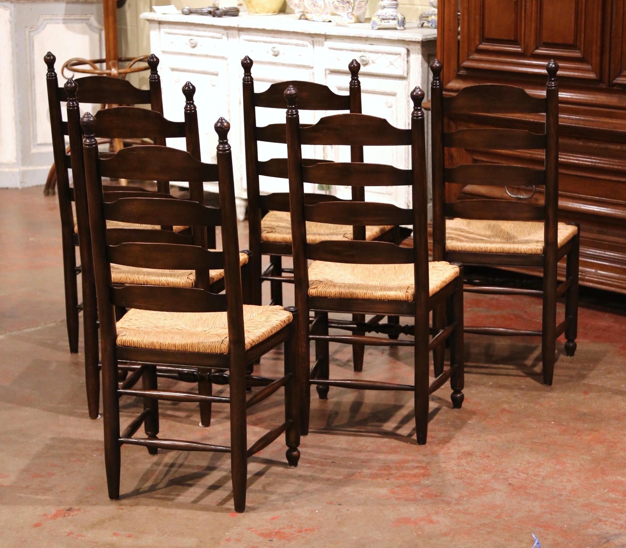 Vintage French Carved Oak Ladder Back Chairs with Rush Woven Seat, Set of Six 2