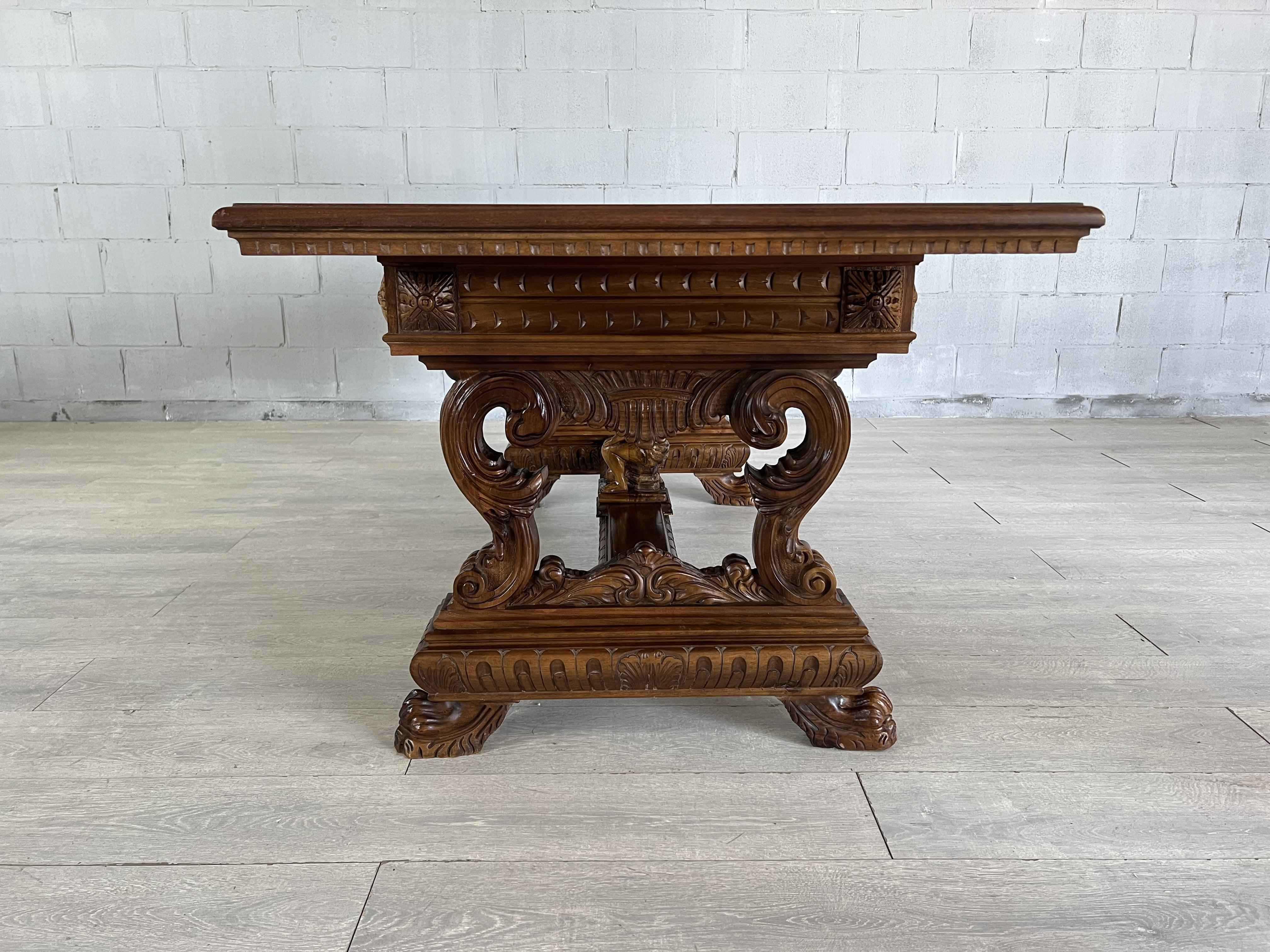 Vintage French Carved Oak Renaissance Revival Dining Table Library Desk For Sale 5
