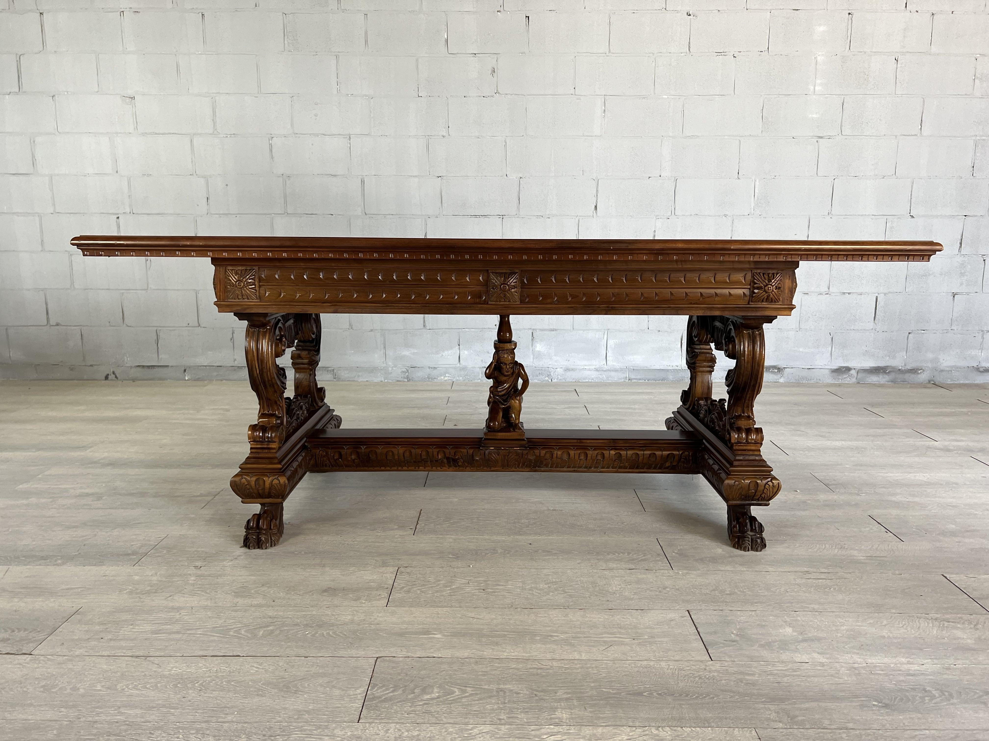 20th Century Vintage French Carved Oak Renaissance Revival Dining Table Library Desk For Sale