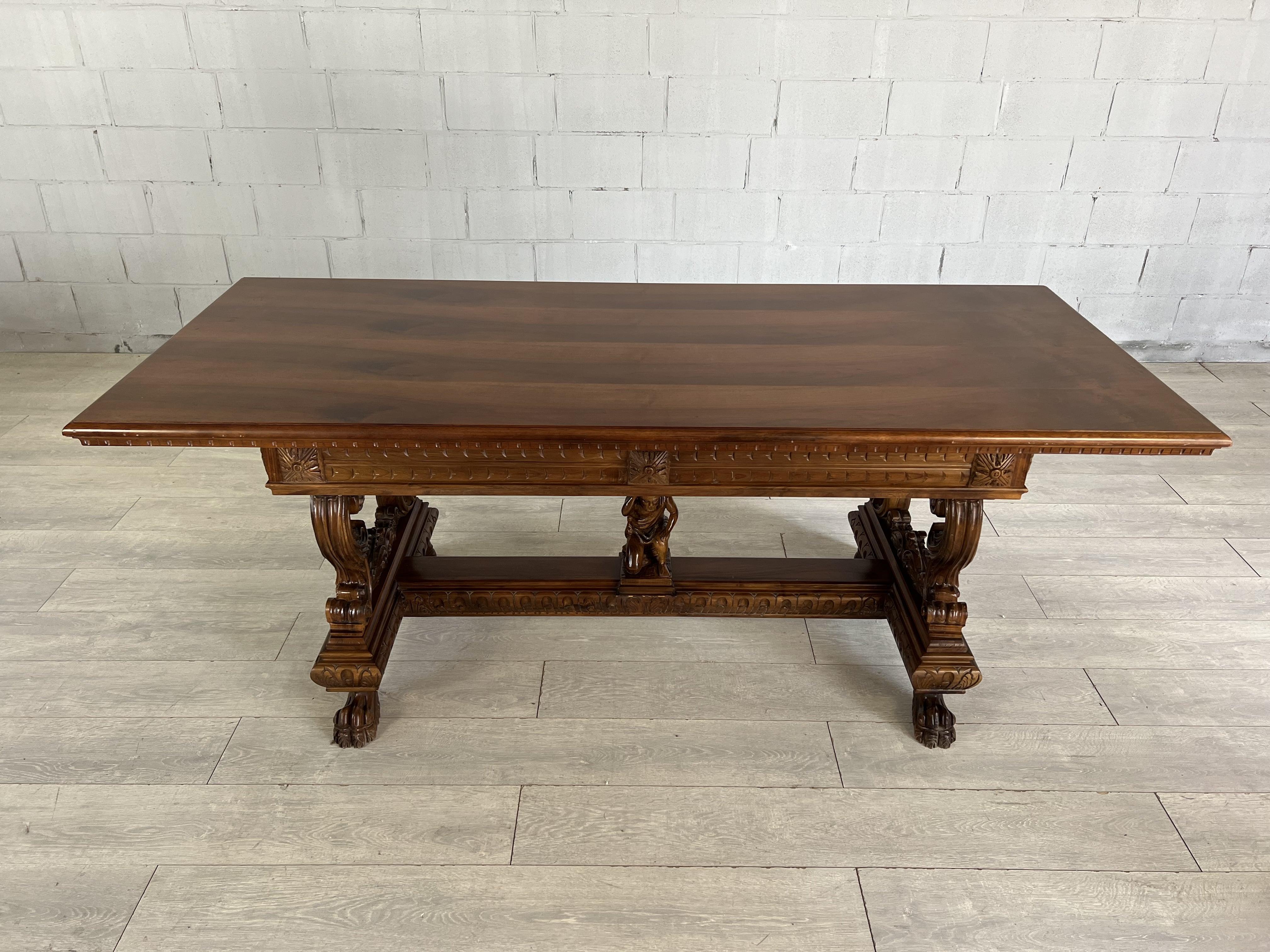 Vintage French Carved Oak Renaissance Revival Dining Table Library Desk For Sale 1