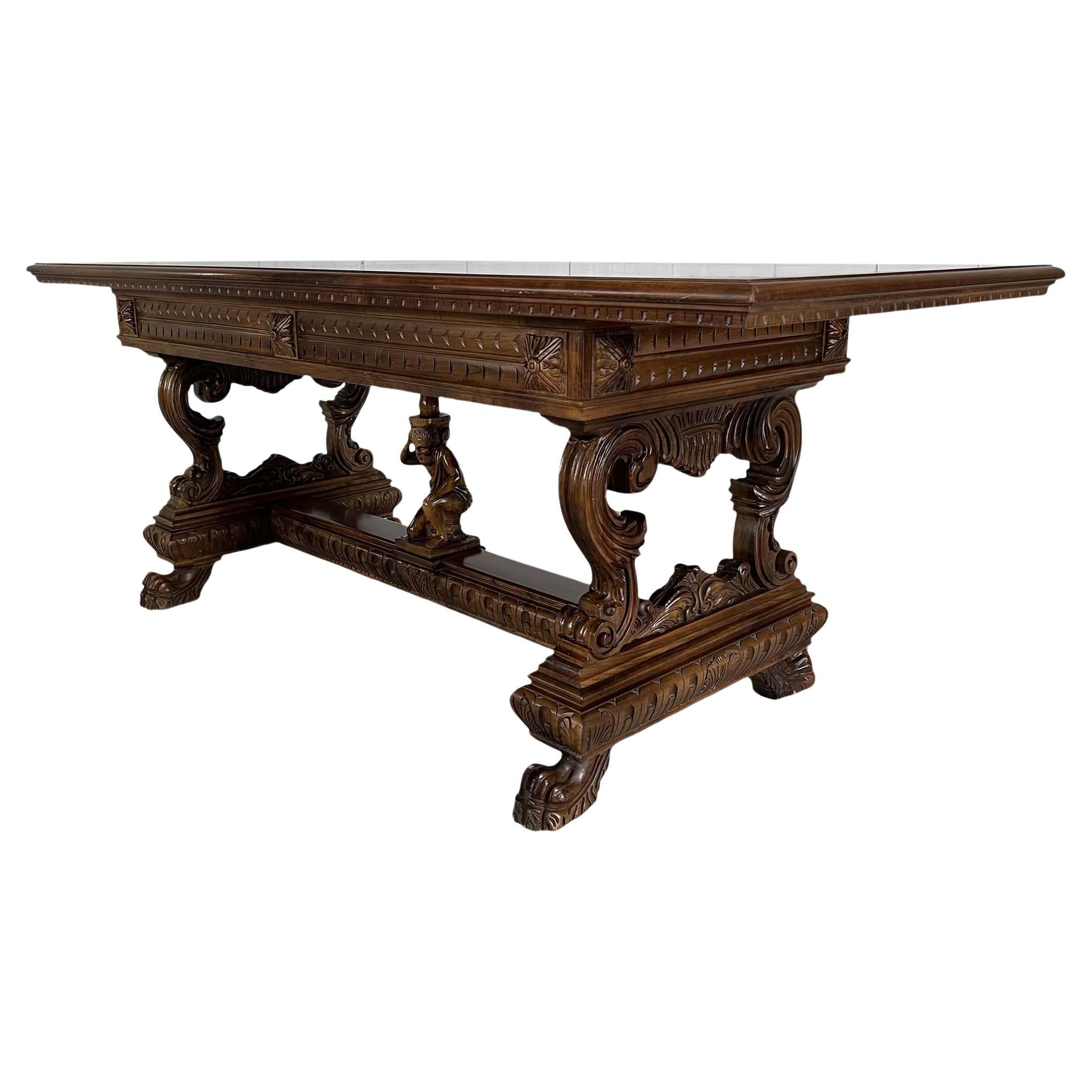 Vintage French Carved Oak Renaissance Revival Dining Table Library Desk For Sale