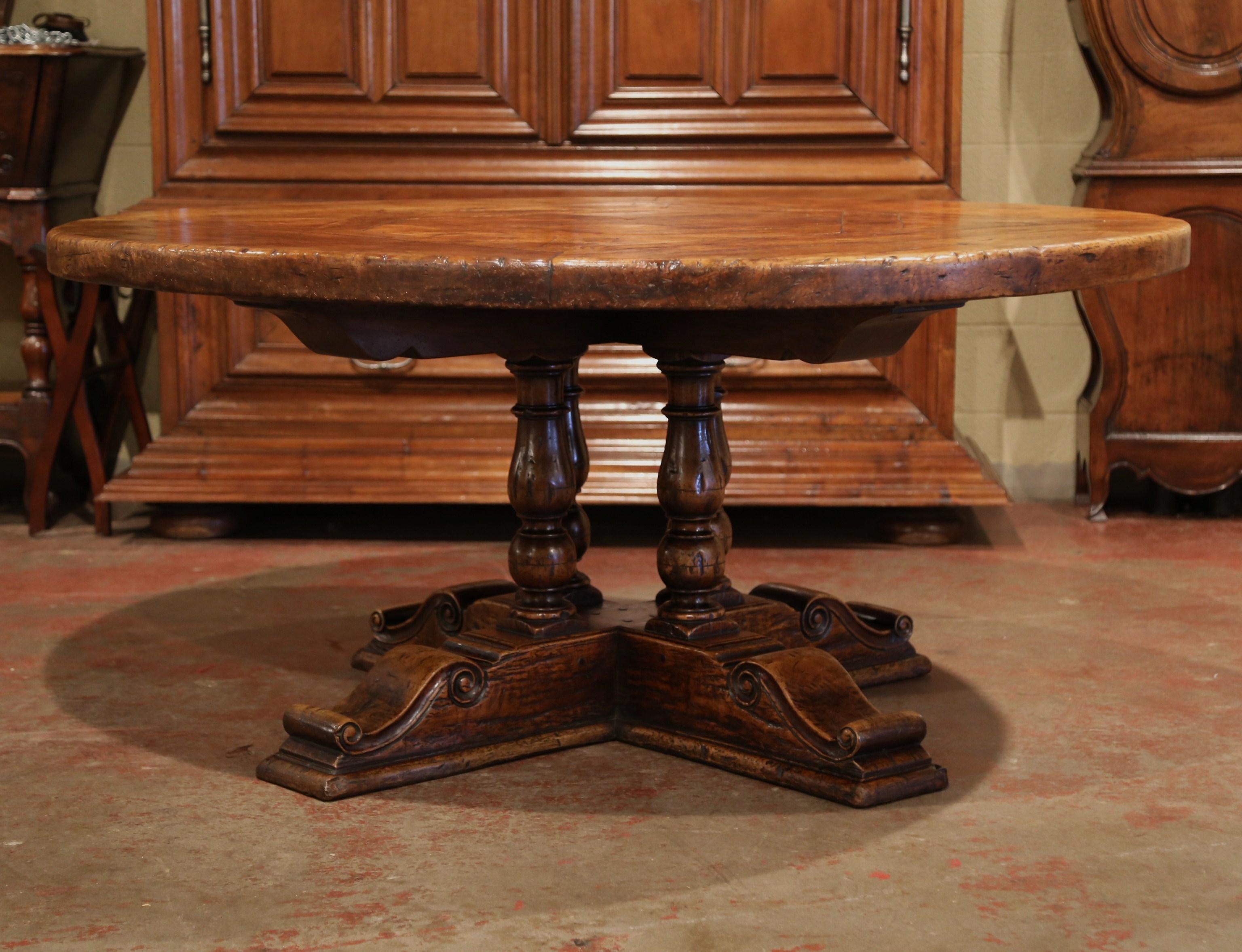 Midcentury French Carved Walnut Pedestal Round Dining Table with Parquetry Top 3