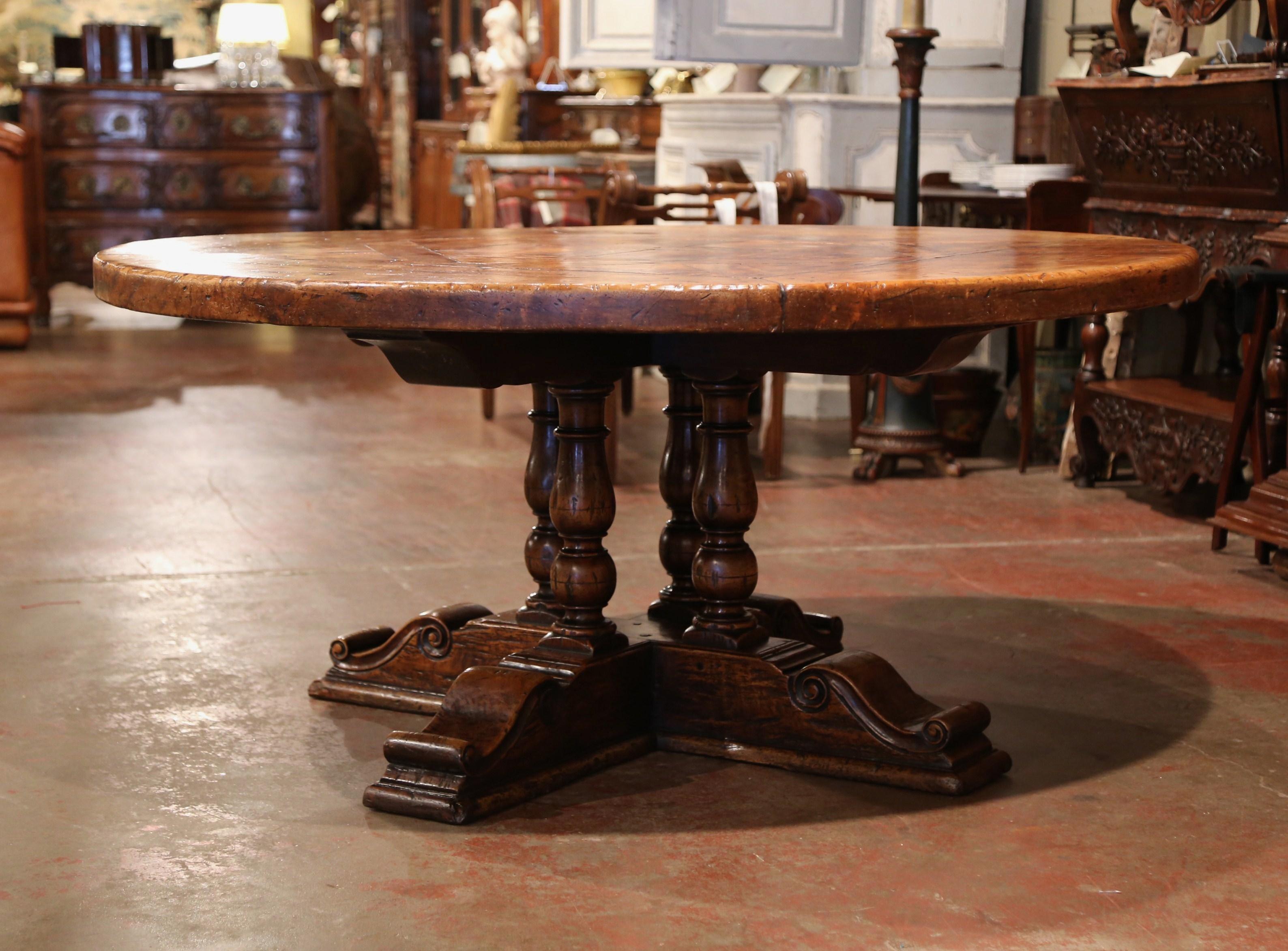 Midcentury French Carved Walnut Pedestal Round Dining Table with Parquetry Top 5