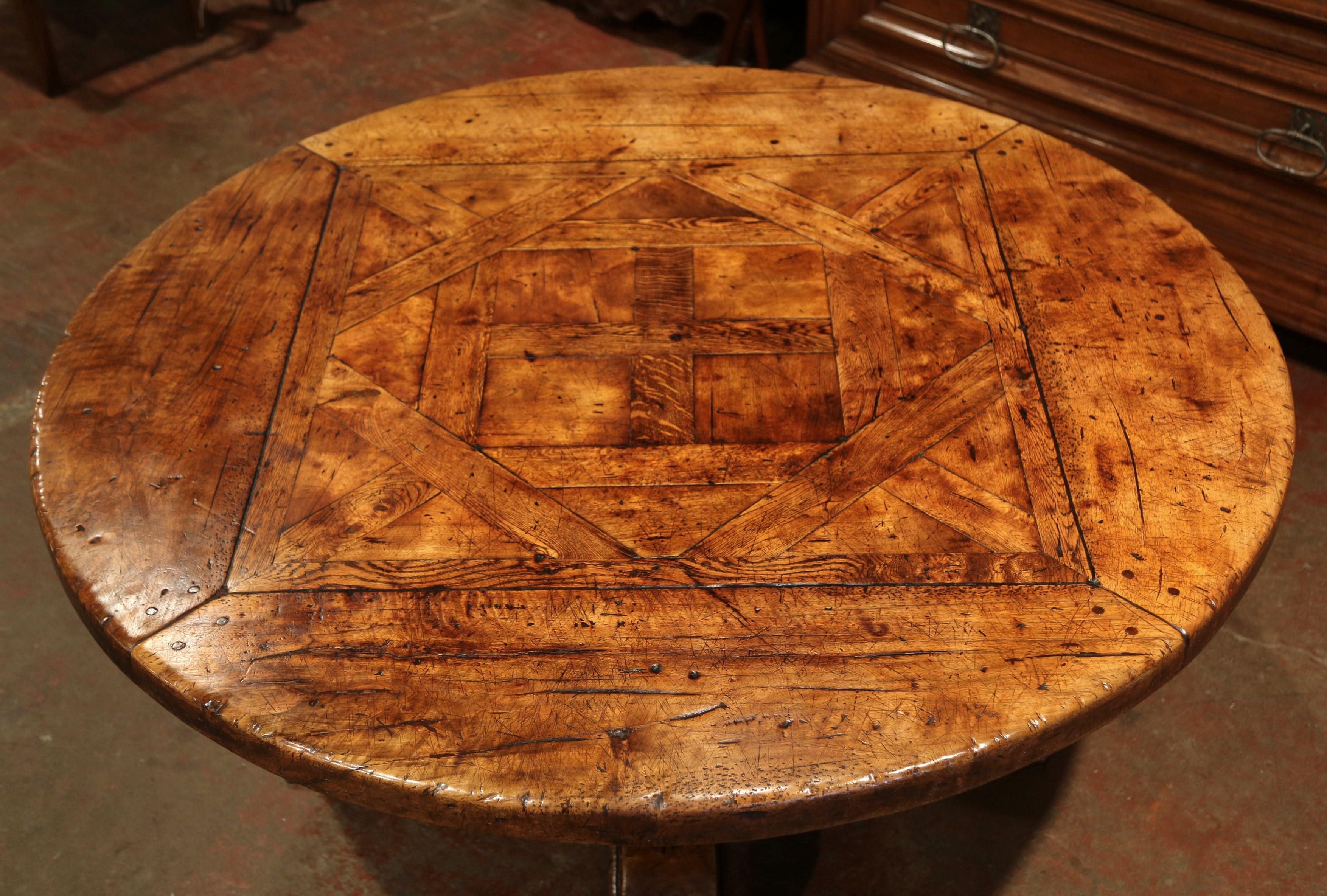 Hand-Carved Midcentury French Carved Walnut Pedestal Round Dining Table with Parquetry Top