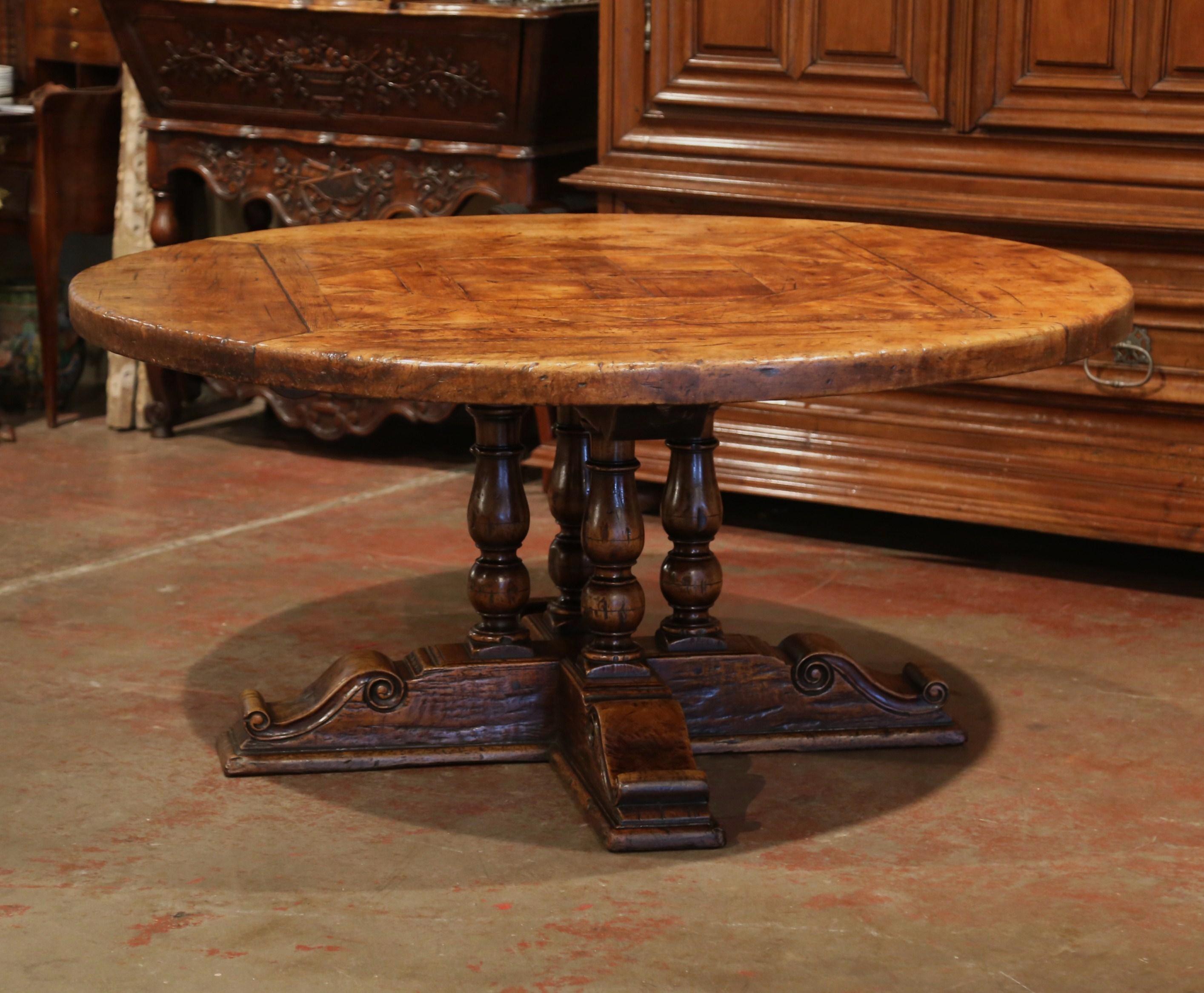 Midcentury French Carved Walnut Pedestal Round Dining Table with Parquetry Top In Excellent Condition In Dallas, TX