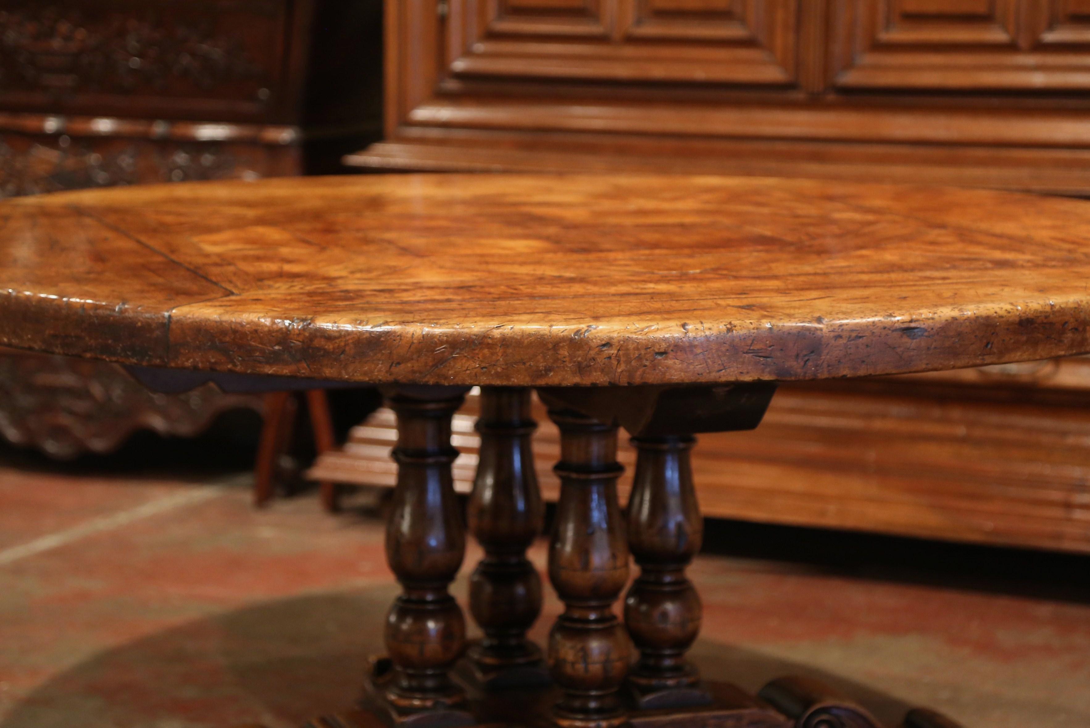 20th Century Midcentury French Carved Walnut Pedestal Round Dining Table with Parquetry Top