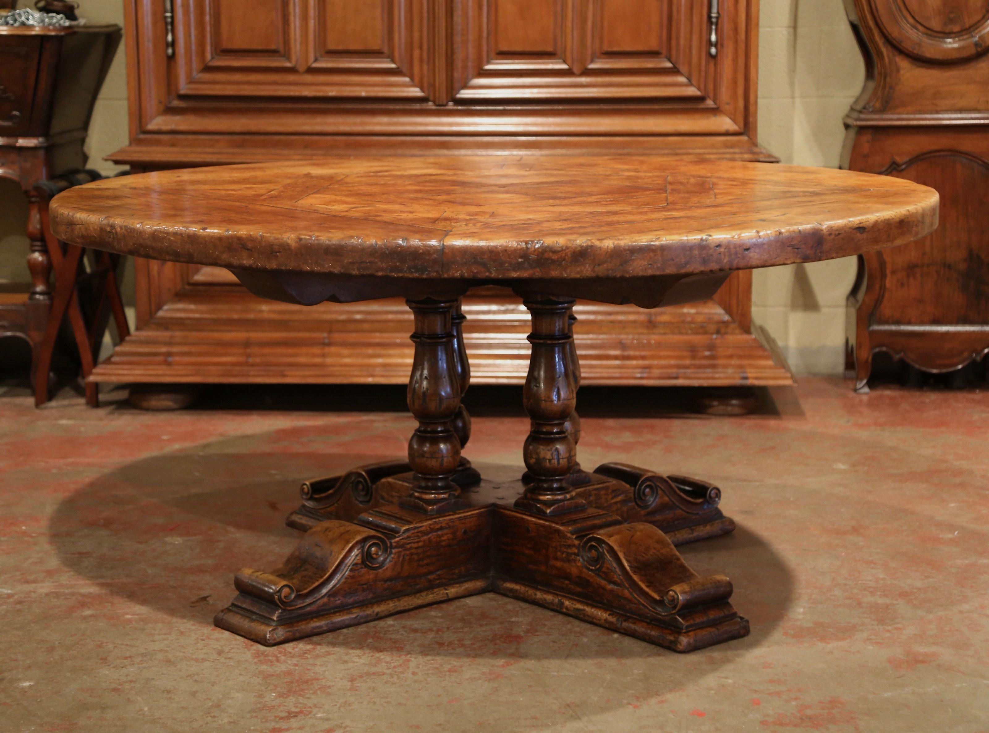 Chestnut Midcentury French Carved Walnut Pedestal Round Dining Table with Parquetry Top