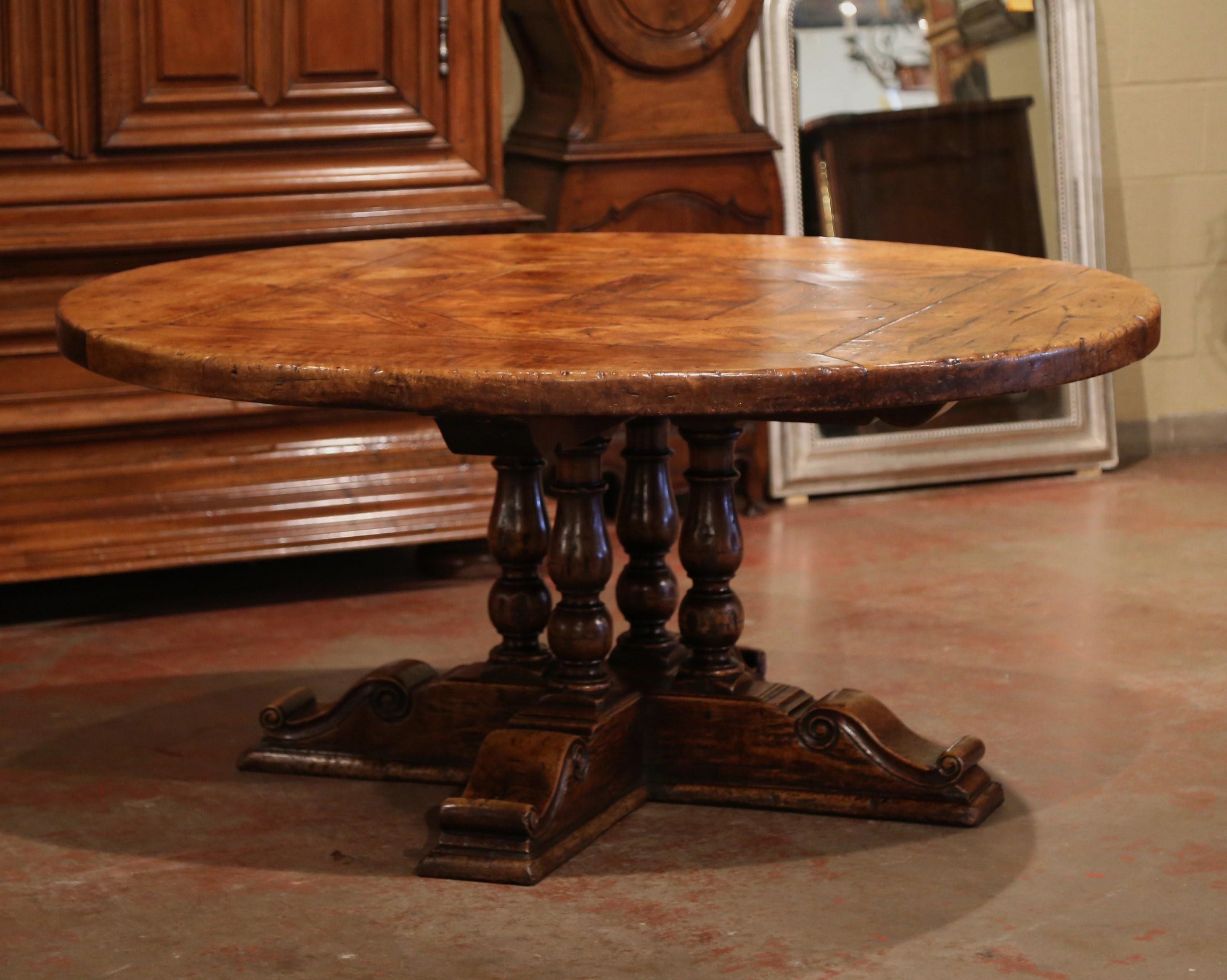 Midcentury French Carved Walnut Pedestal Round Dining Table with Parquetry Top 1