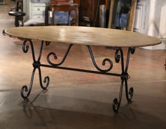 Vintage French Carved Pine Oval Dining Table on Polished Iron Base