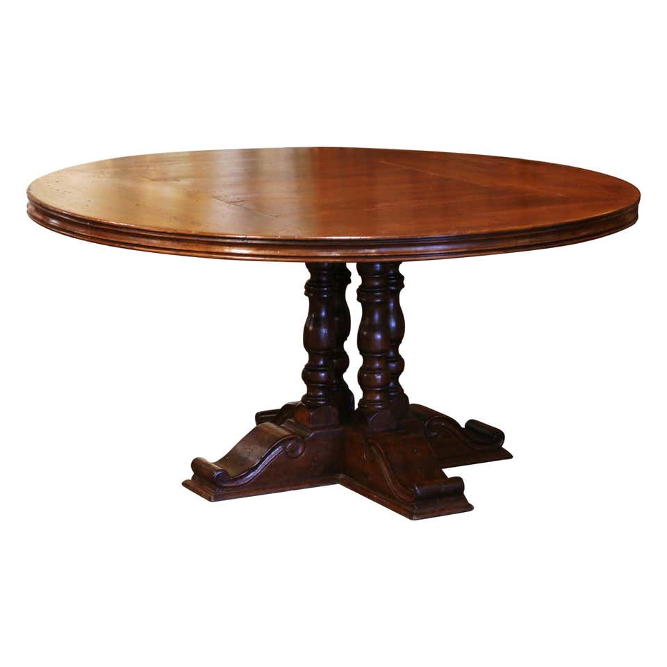 Round Glass Top Dining Table with Mahogany Pedestal Carved Base at 1stDibs