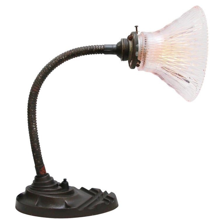Vintage French Cast Iron Glass Table Desk Light For Sale at 1stDibs