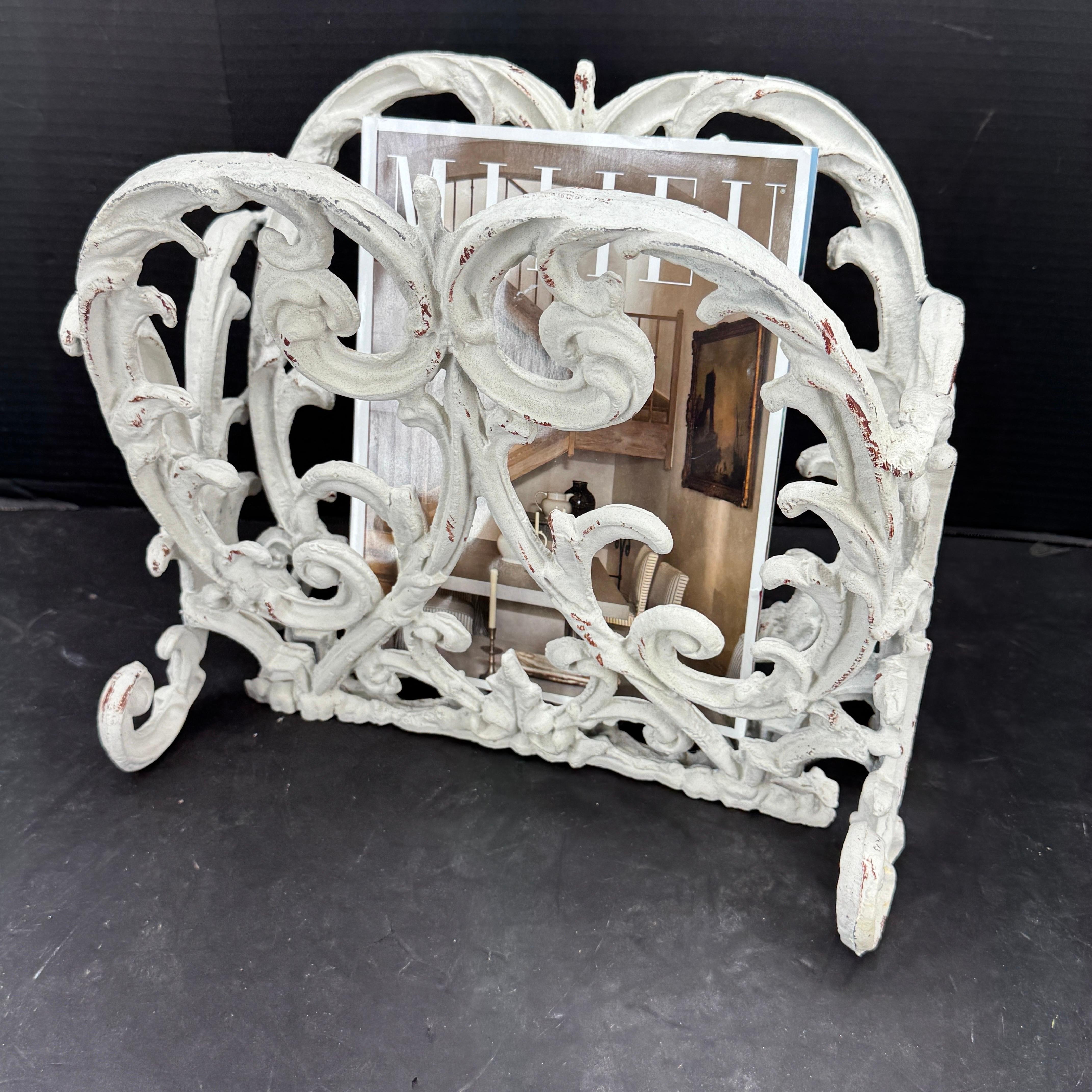 Vintage French Cast Metal Painted Magazine Rack Stand For Sale 4