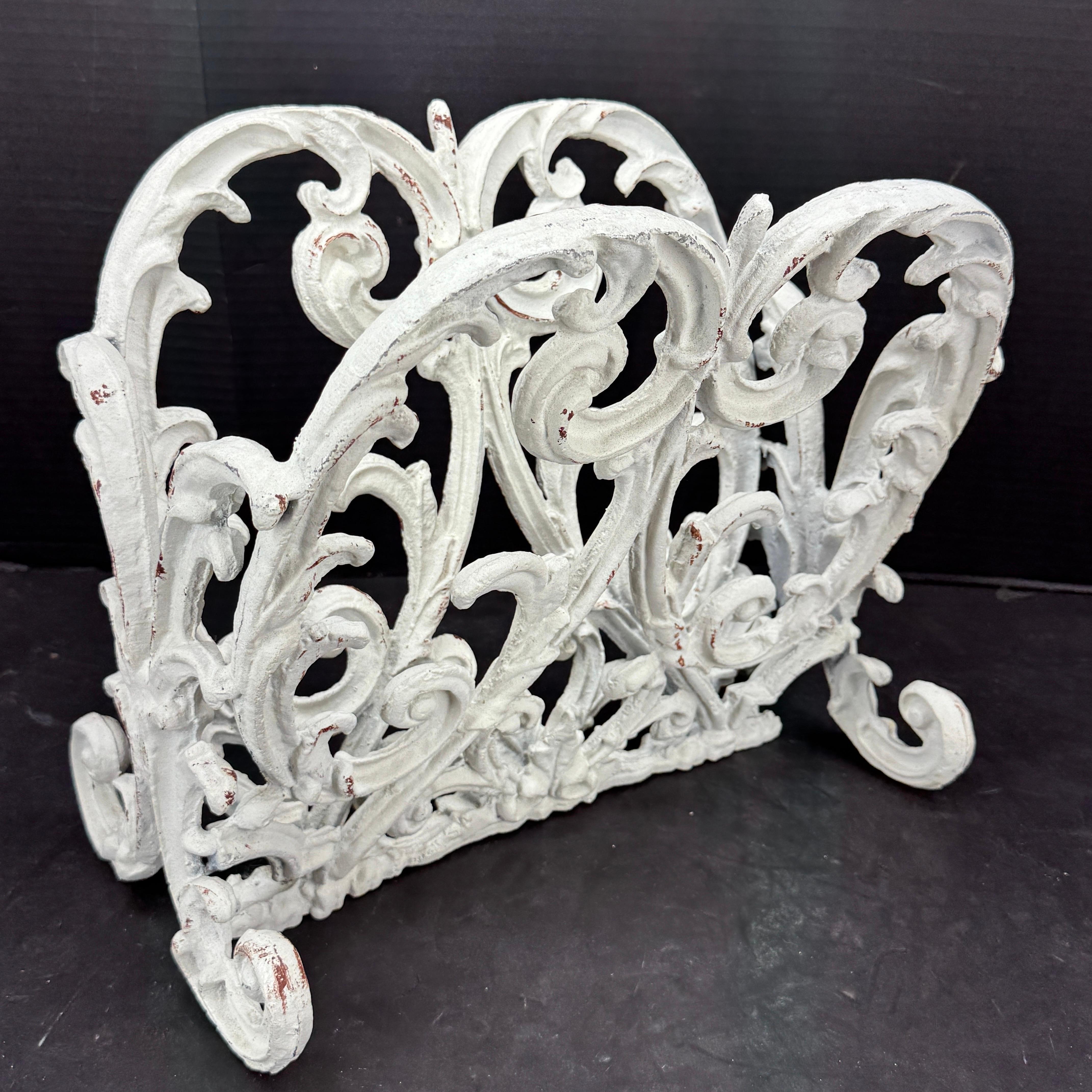 Vintage French Cast Metal Painted Magazine Rack Stand For Sale 3