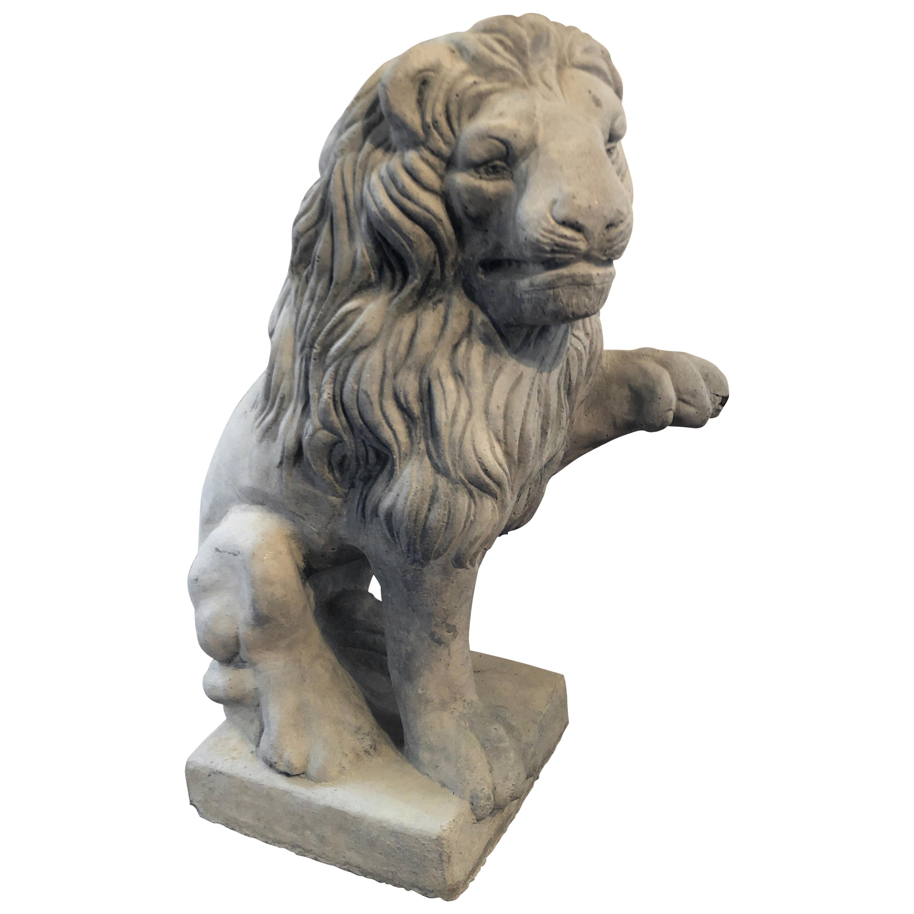Vintage French Cast Stone Seated Figural Lion Statue, 20th Century