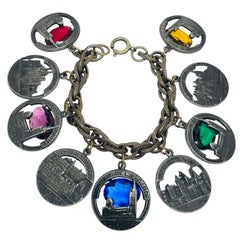 Vintage French castles churches silver tone glass charm chain bracelet