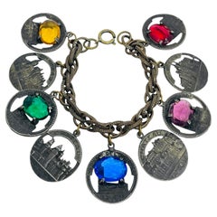 Vintage French castles churches silver tone glass charm chain bracelet