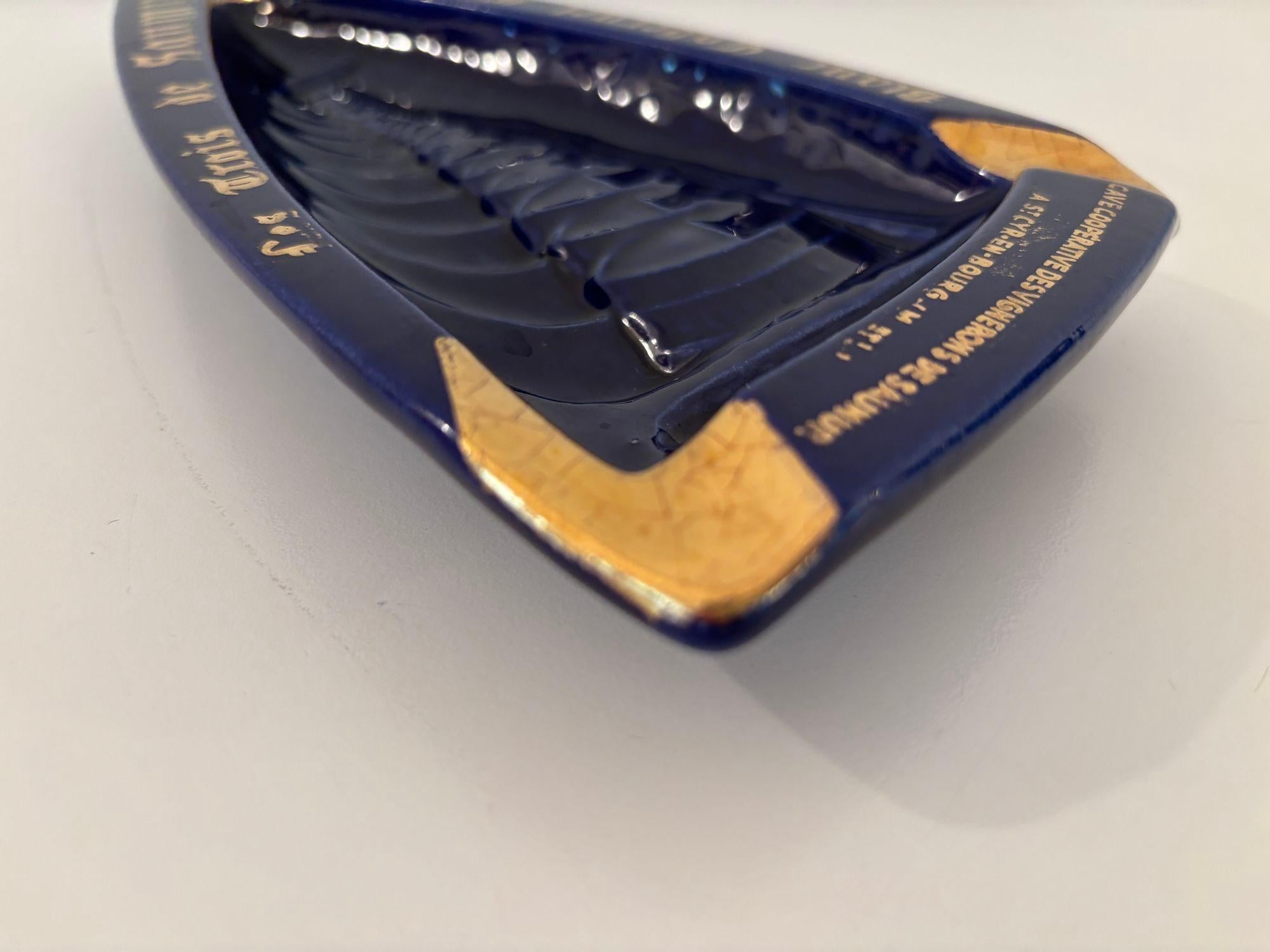 Vintage French Ceramic Ashtray Cobalt Blue and Gold Rectangular Shape For Sale 5