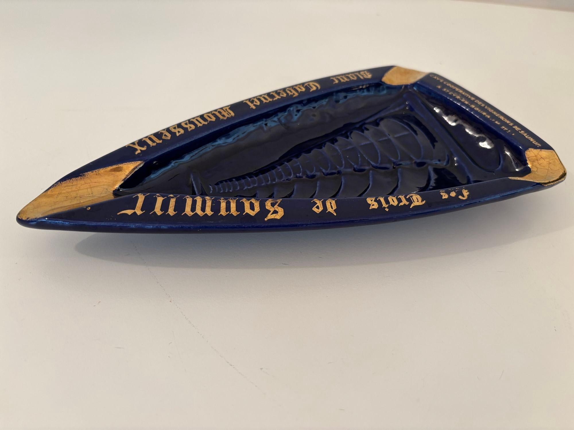 Vintage French Ceramic Ashtray Cobalt Blue and Gold Rectangular Shape For Sale 9