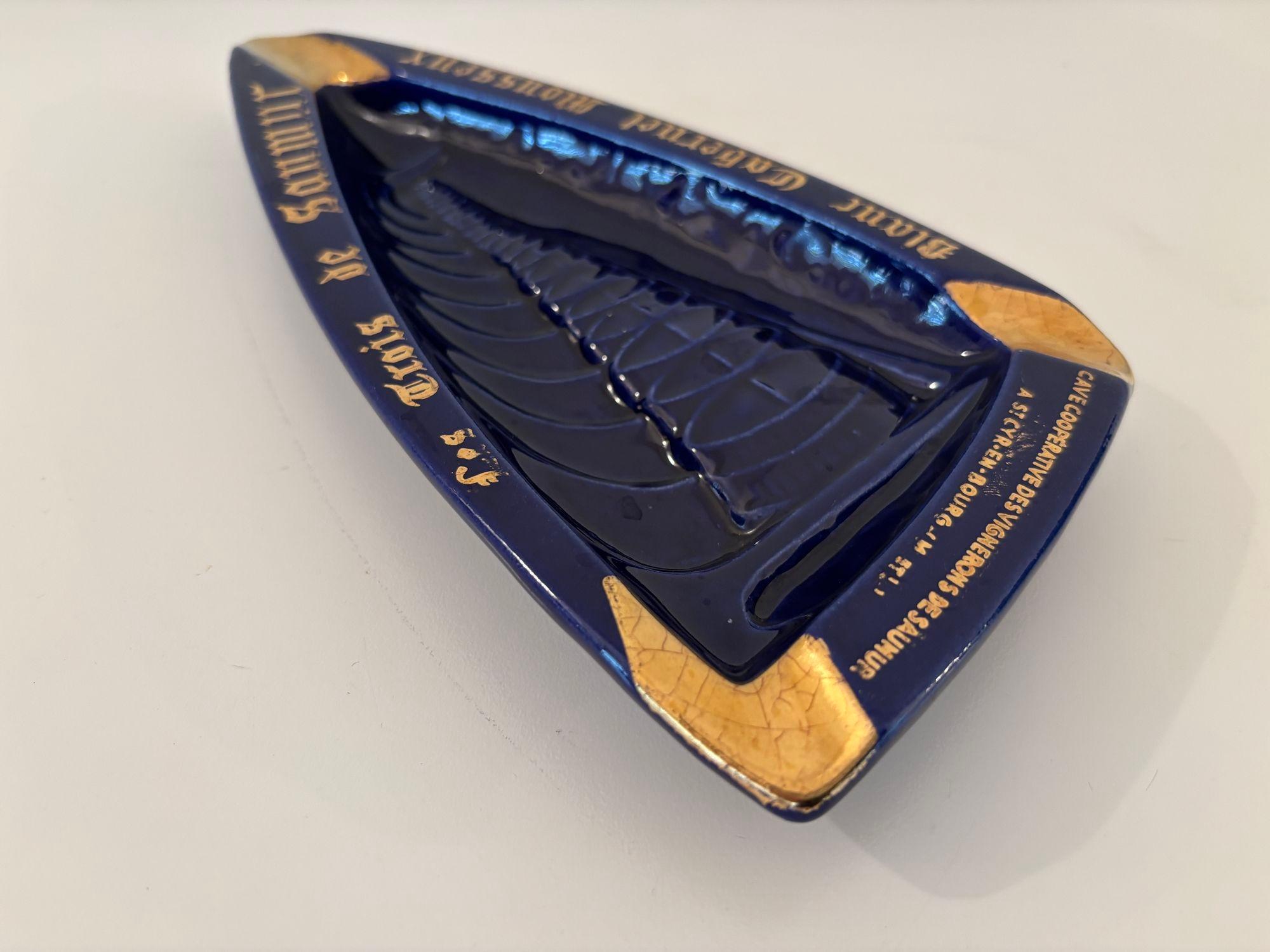Vintage French Ceramic Ashtray Cobalt Blue and Gold Rectangular Shape For Sale 10