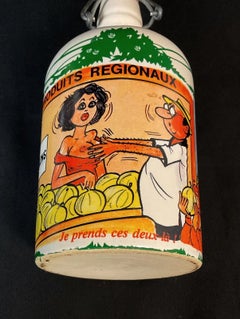 Vintage French Ceramic Bottle with Risqué Décor, Folk Art, 8.7 in - 2Y617