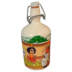 Vintage French Ceramic Bottle with Risqué Décor, Folk Art, 8.7 in - 2Y617