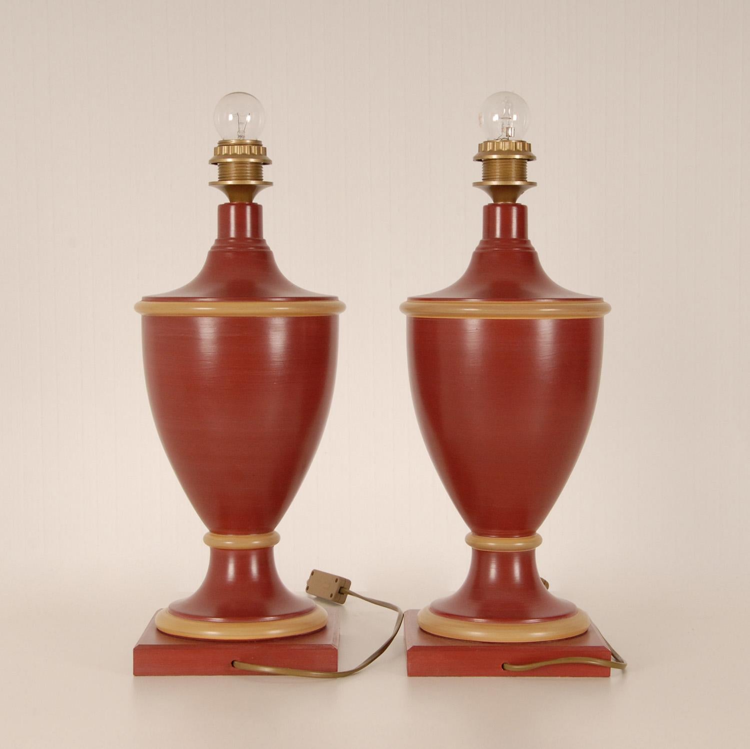 Vintage French Ceramic Burgundy Red Table Lamps Buffet Vase Lamps, a Pair 3