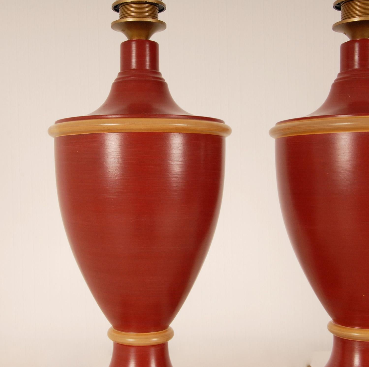 Vintage French Ceramic Burgundy Red Table Lamps Buffet Vase Lamps, a Pair 4