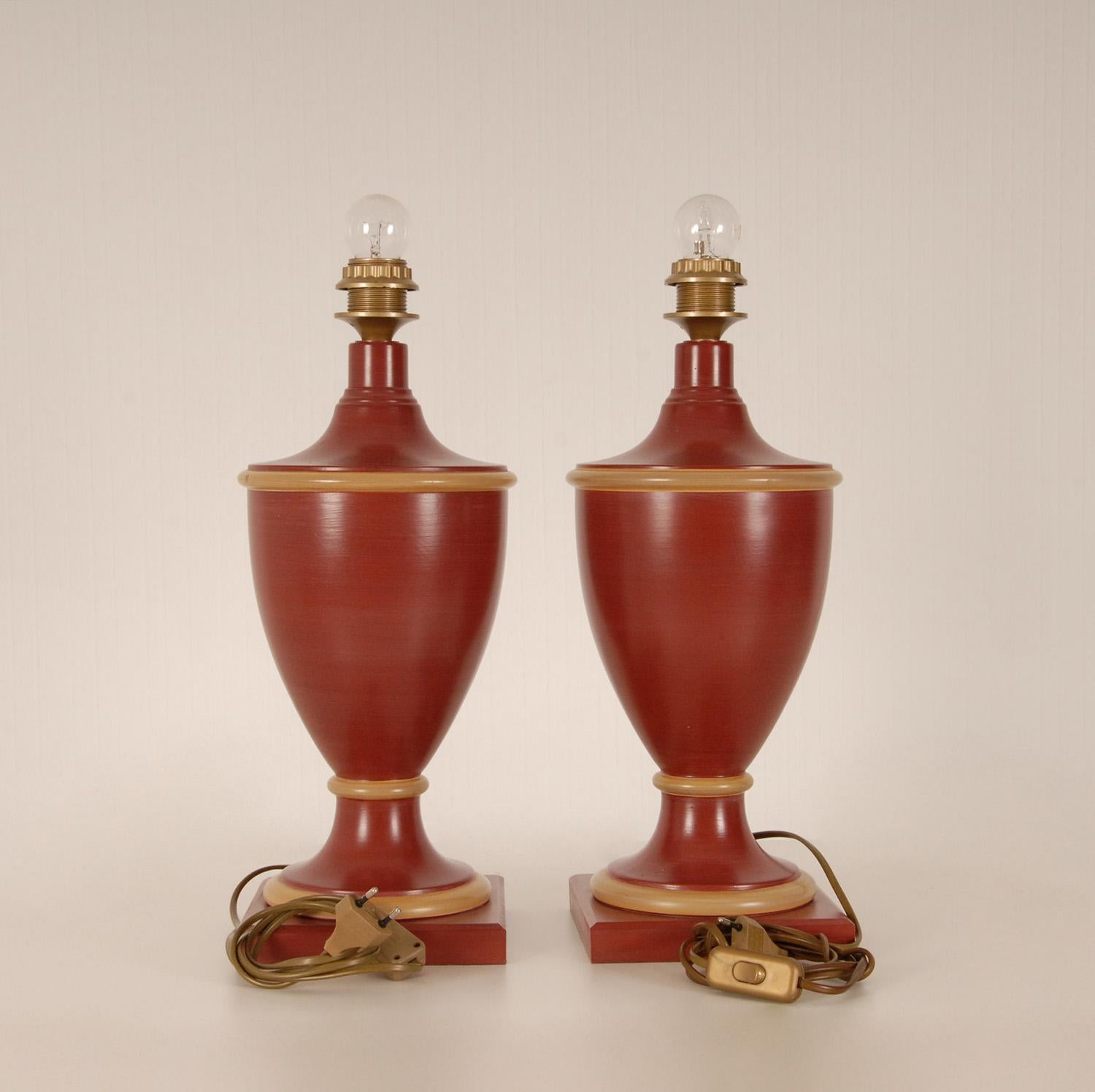 Porcelain Vintage French Ceramic Burgundy Red Table Lamps Buffet Vase Lamps, a Pair