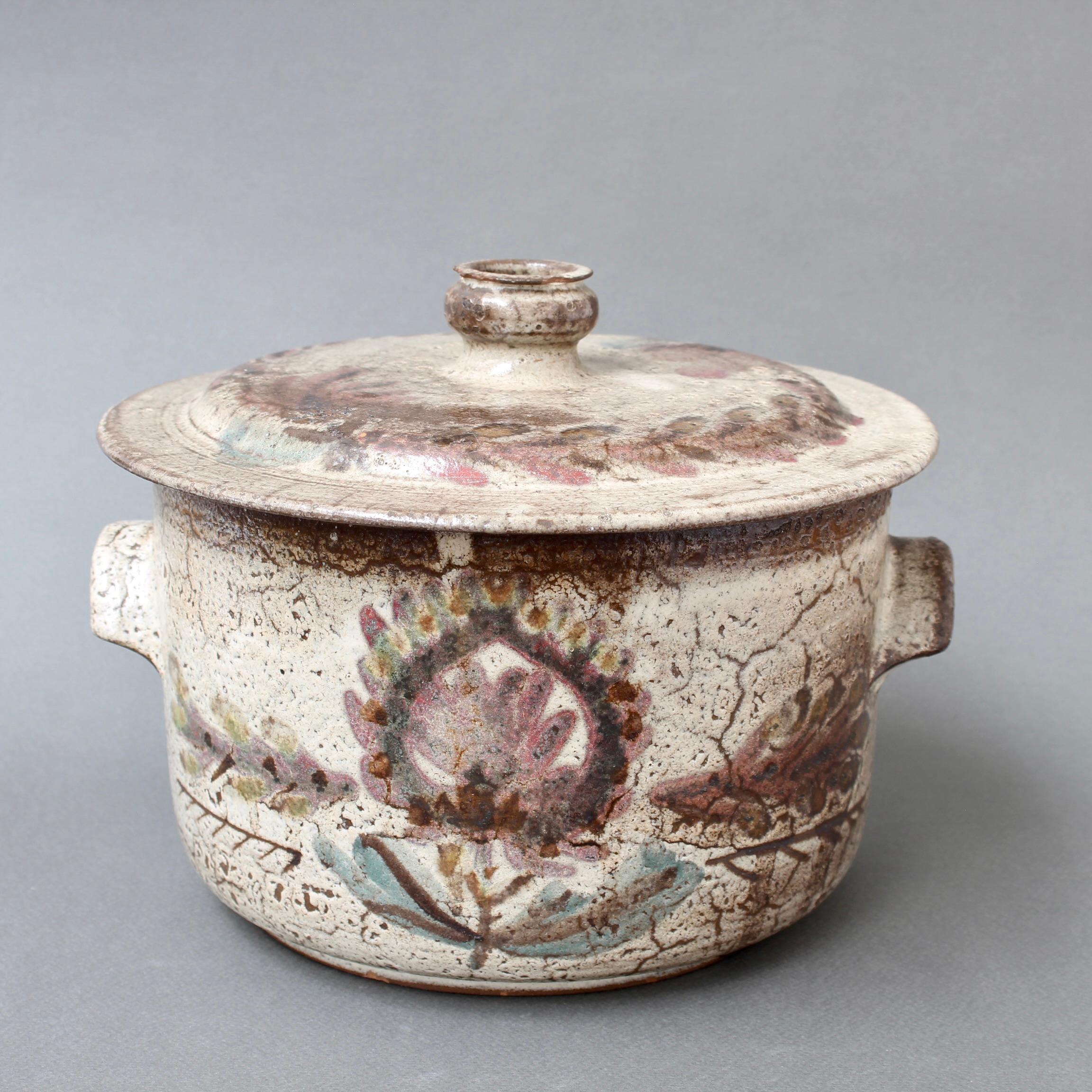 Hand-Painted Vintage French Ceramic Casserole with Lid by Gustave Reynaud - Le Mûrier For Sale