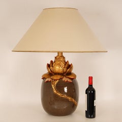 Vintage French Ceramic Chinoiserie Gold Green Lotus Flower and Jade Table Lamp