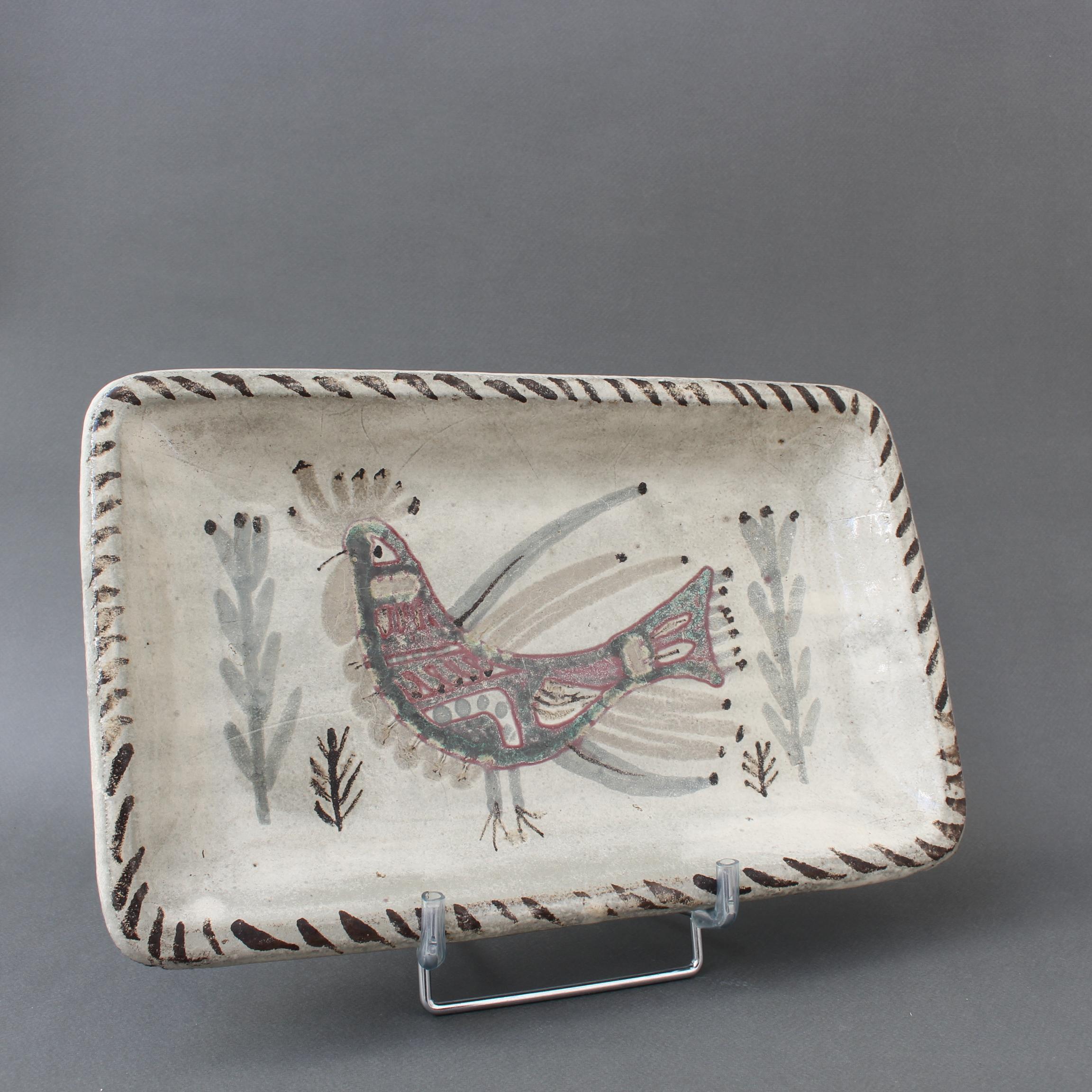 French ceramic rectangular dish by Gustave Reynaud - Le Mûrier (circa 1960s). Delightful rectangular-shaped dish in earthenware presenting one of Le Mûrier's iconic designs, the French rooster motif, flanked by their traditional and stylised