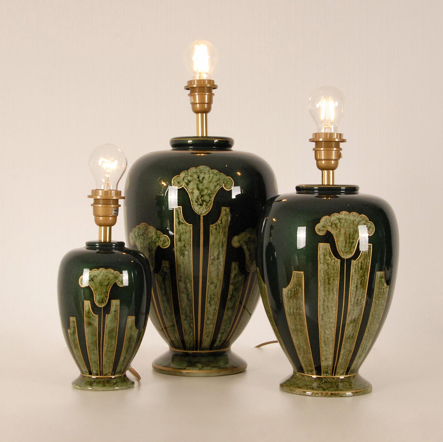 Vintage French Ceramic Green and Gold Table Lamps Marble Metallic, Set of 3 For Sale 5