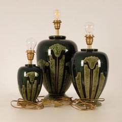Vintage French Ceramic Green and Gold Table Lamps Marble Metallic, Set of 3