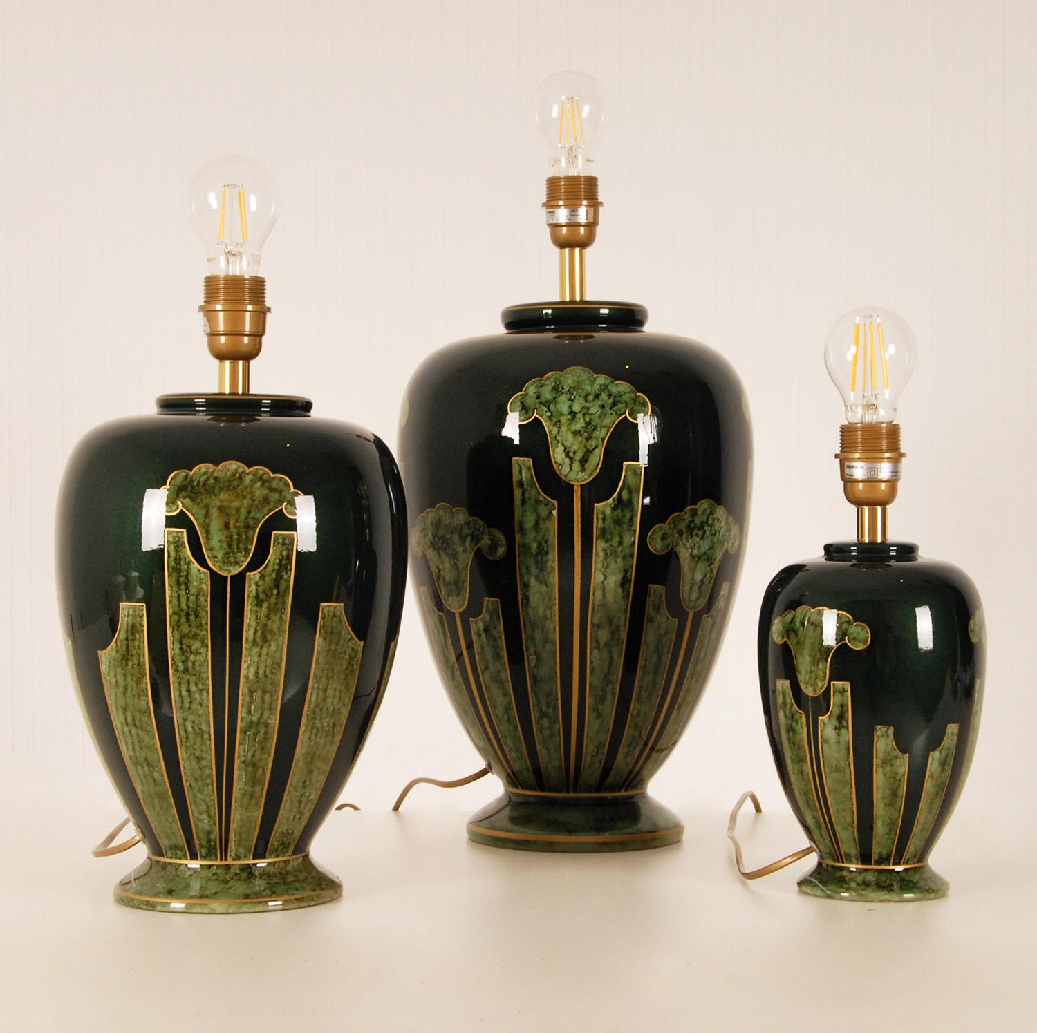 Late 20th Century Vintage French Ceramic Green and Gold Table Lamps Marble Metallic, Set of 3 For Sale