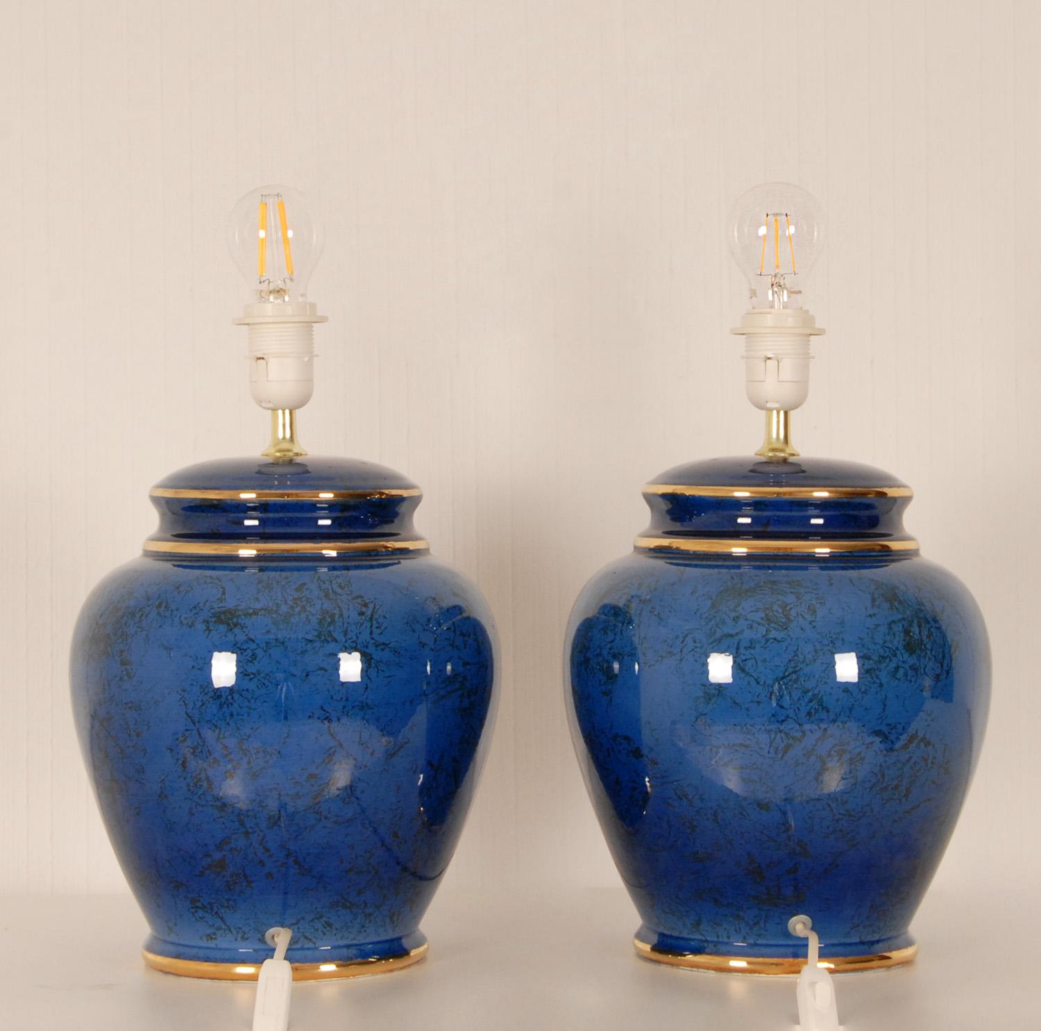 Mid-Century Modern Vintage French Ceramic Lamps Blue Gold Chinoiserie Jars Vase Table Lamps a Pair