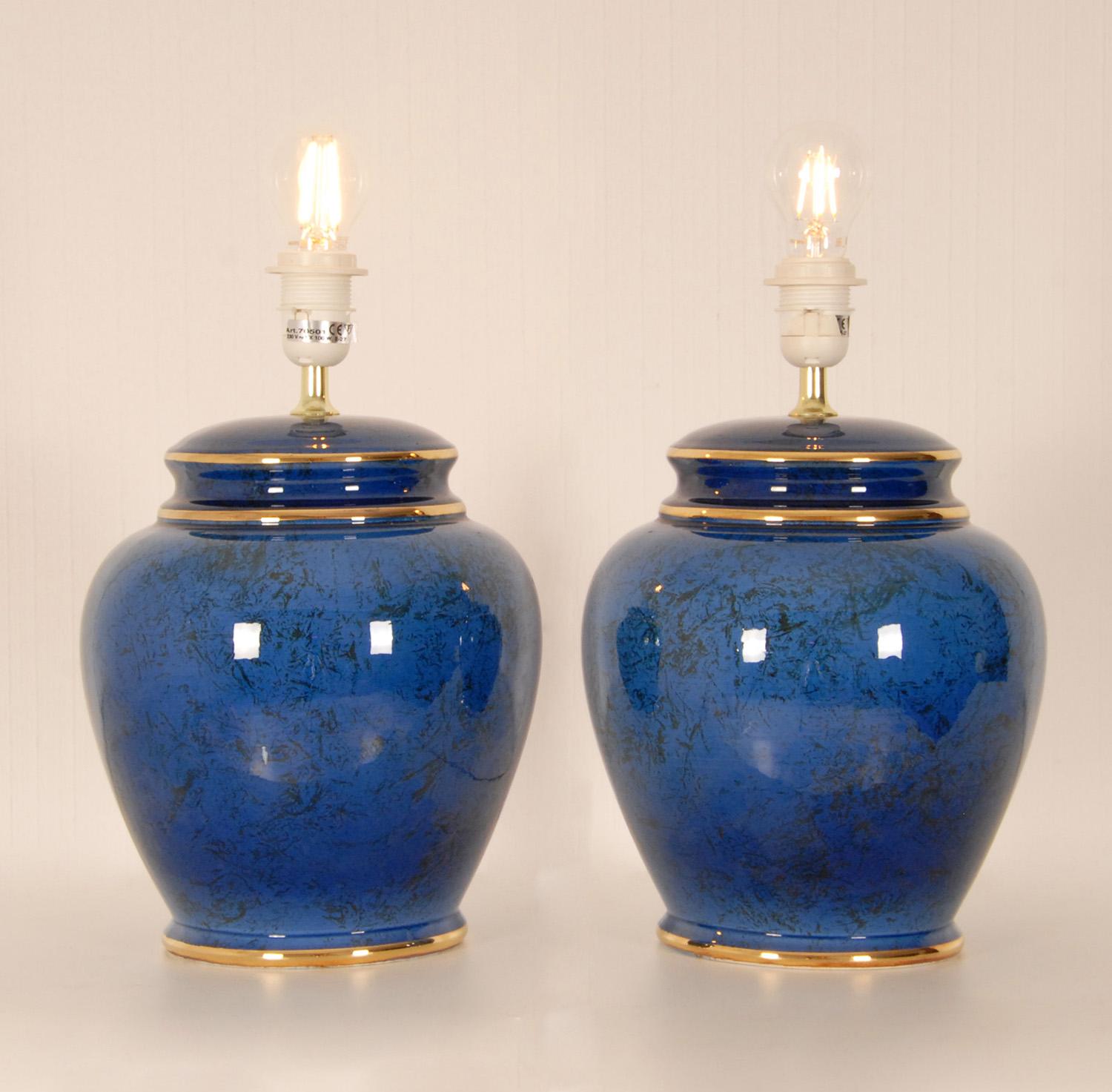 20th Century Vintage French Ceramic Lamps Blue Gold Chinoiserie Jars Vase Table Lamps a Pair