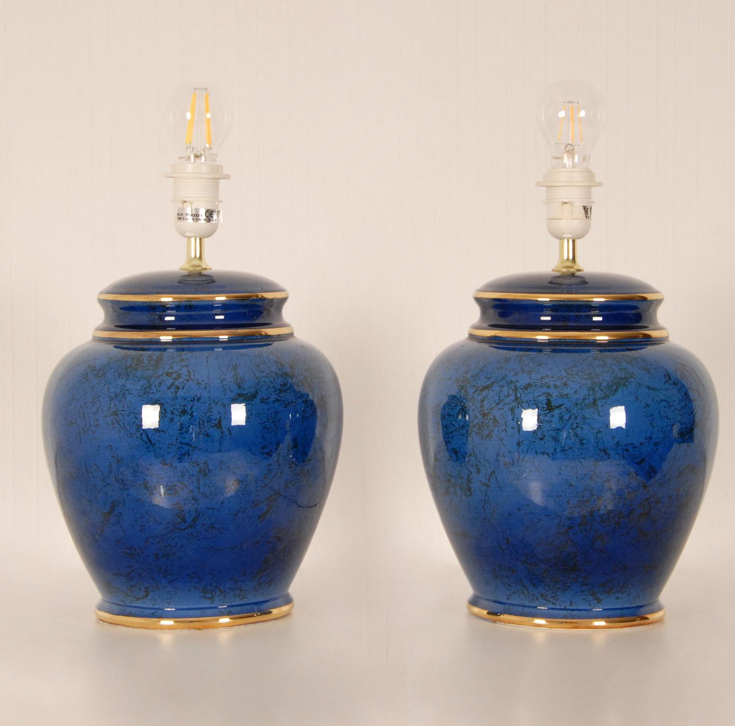 Vintage French Ceramic Lamps Blue Gold Chinoiserie Jars Vase Table Lamps a Pair 1