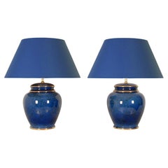 Paire de lampes de table en céramique bleue dorée Chinoiserie Jars Vases