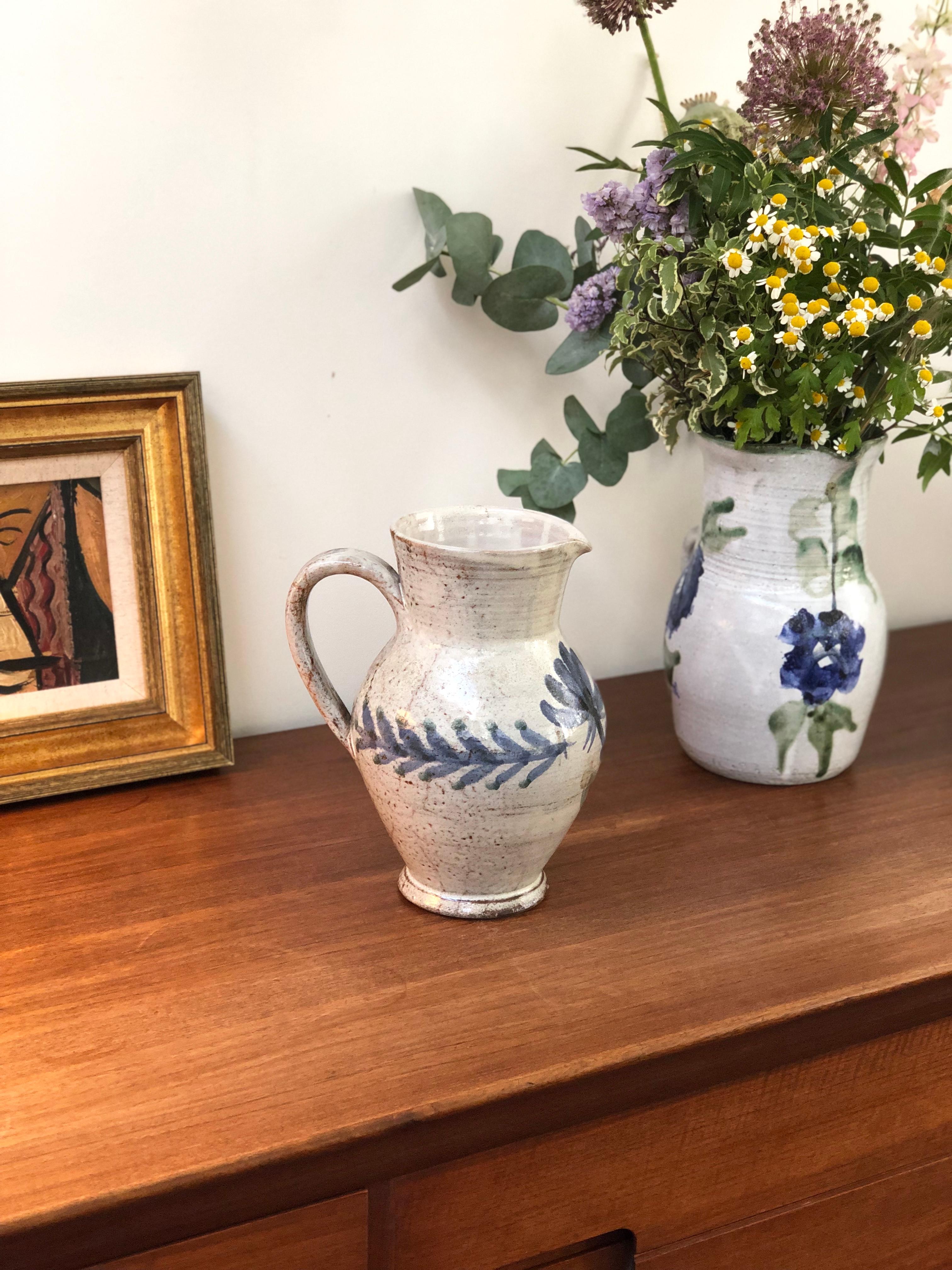 Hand-Painted Vintage French Ceramic Pitcher by Gustave Reynaud, Le Mûrier, circa 1950s