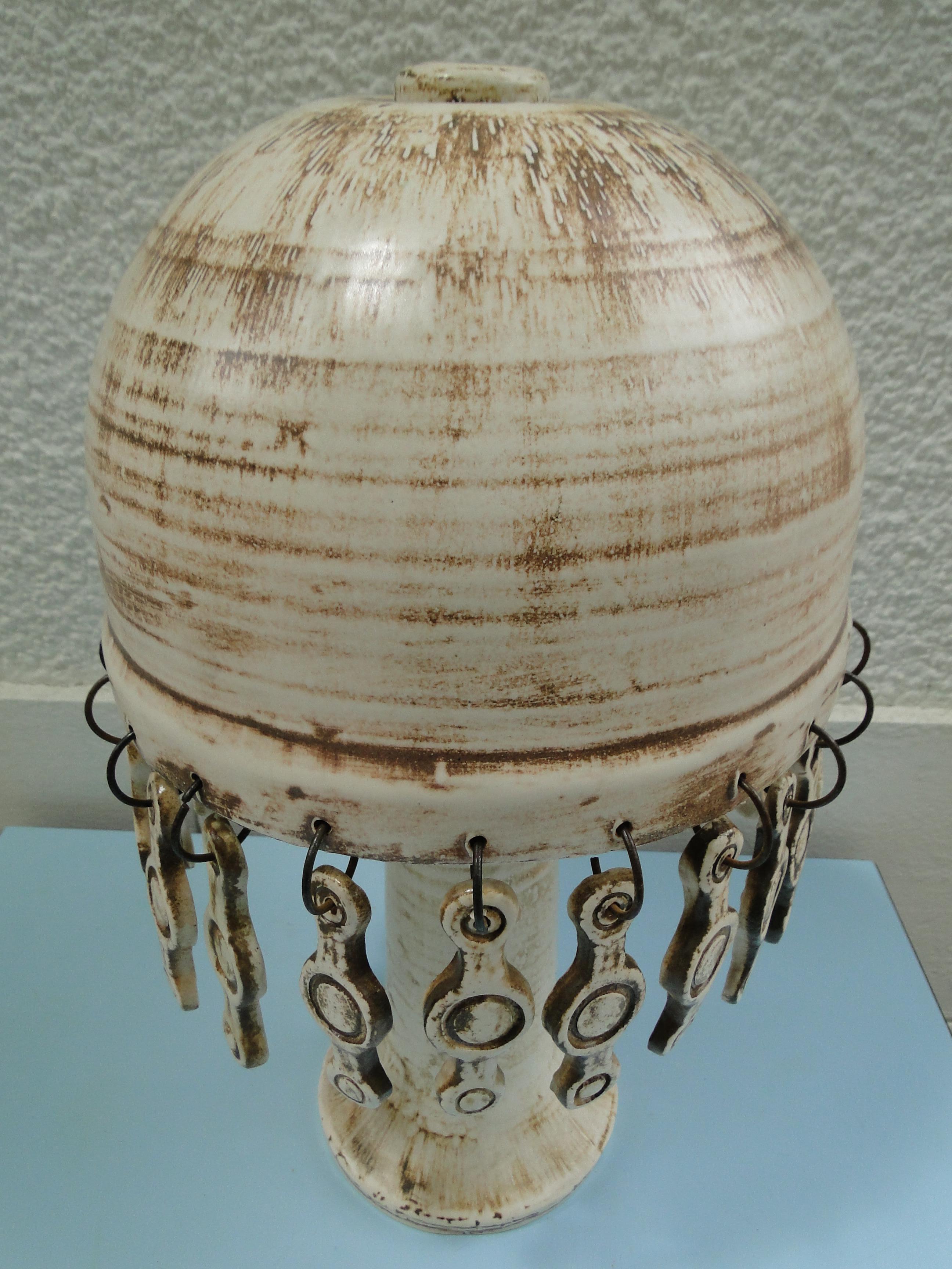 Mid-Century Modern Vintage French Ceramic Table Lamp 1960 with ceramic tassels France Capron Jouve