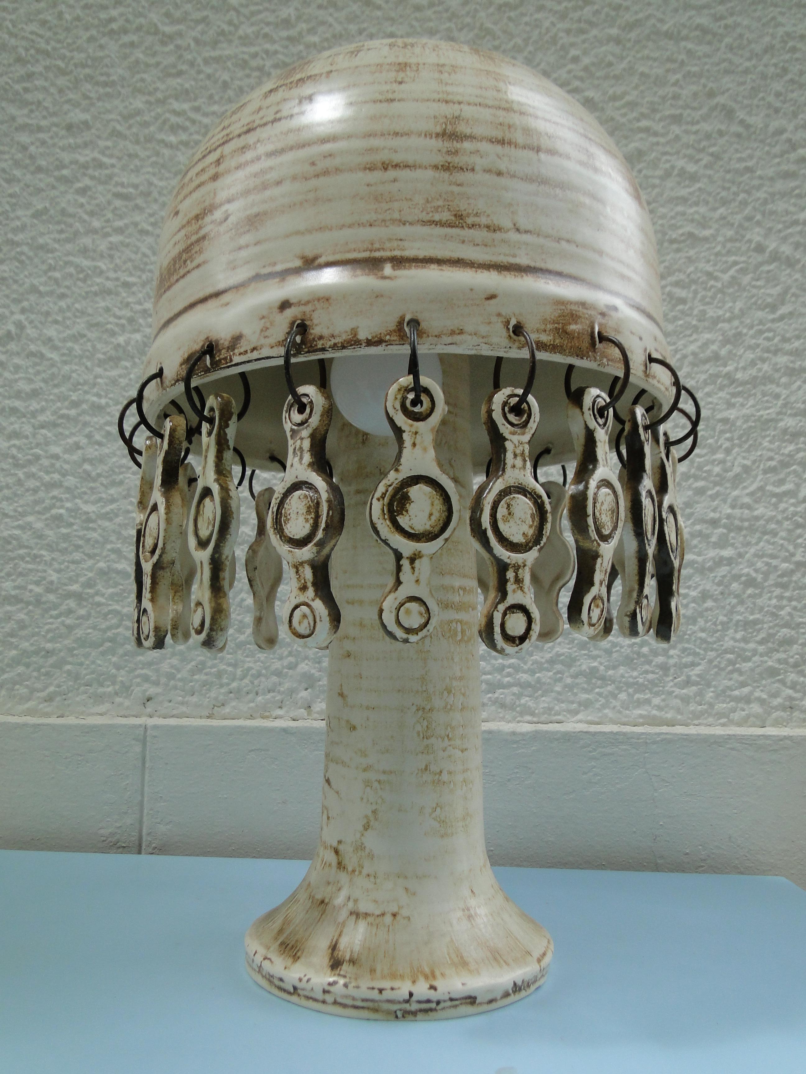Vintage French Ceramic Table Lamp 1960 with ceramic tassels France Capron Jouve In Good Condition In Lège Cap Ferret, FR