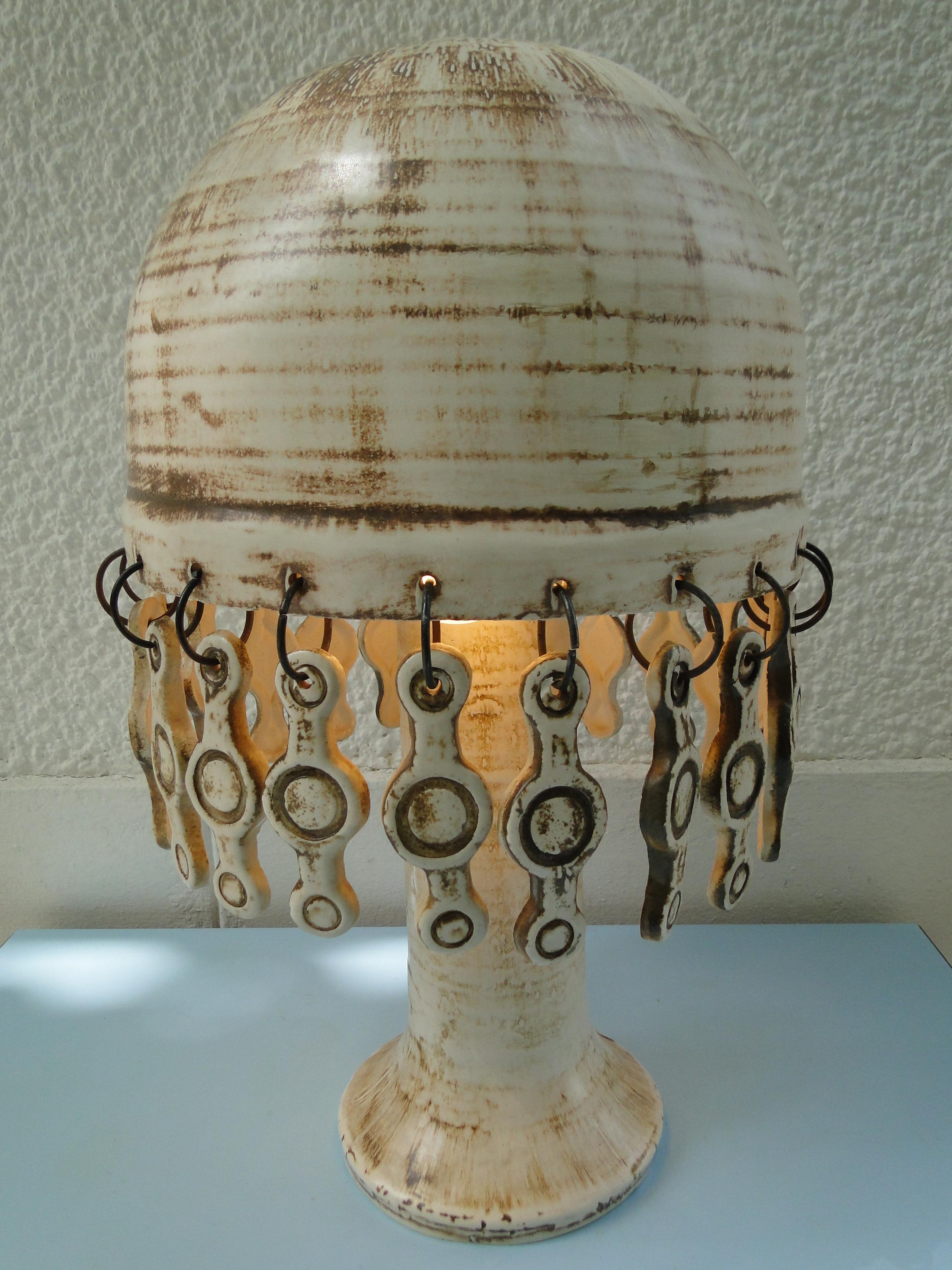 Mid-20th Century Vintage French Ceramic Table Lamp 1960 with ceramic tassels France Capron Jouve