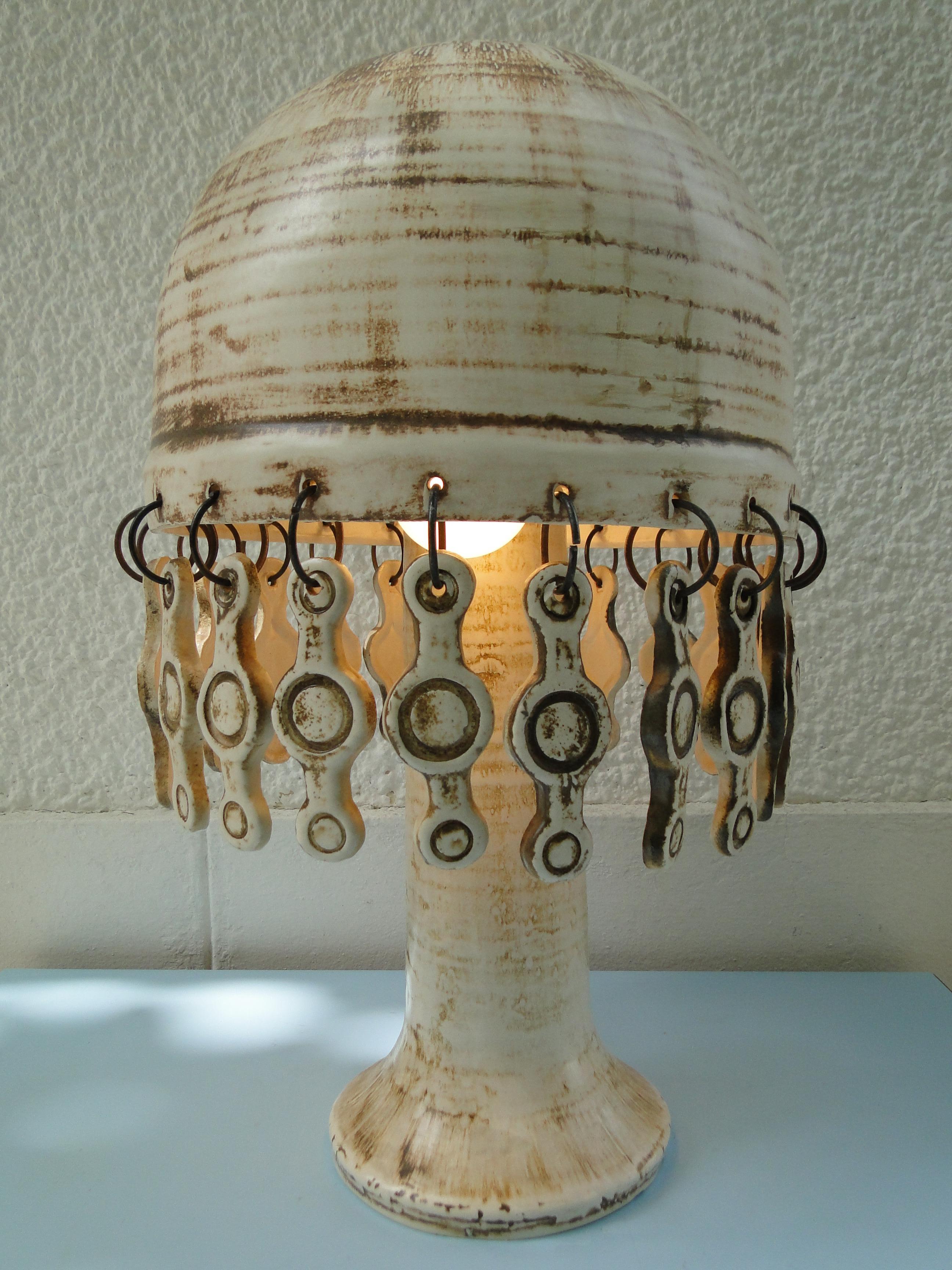 Metal Vintage French Ceramic Table Lamp 1960 with ceramic tassels France Capron Jouve