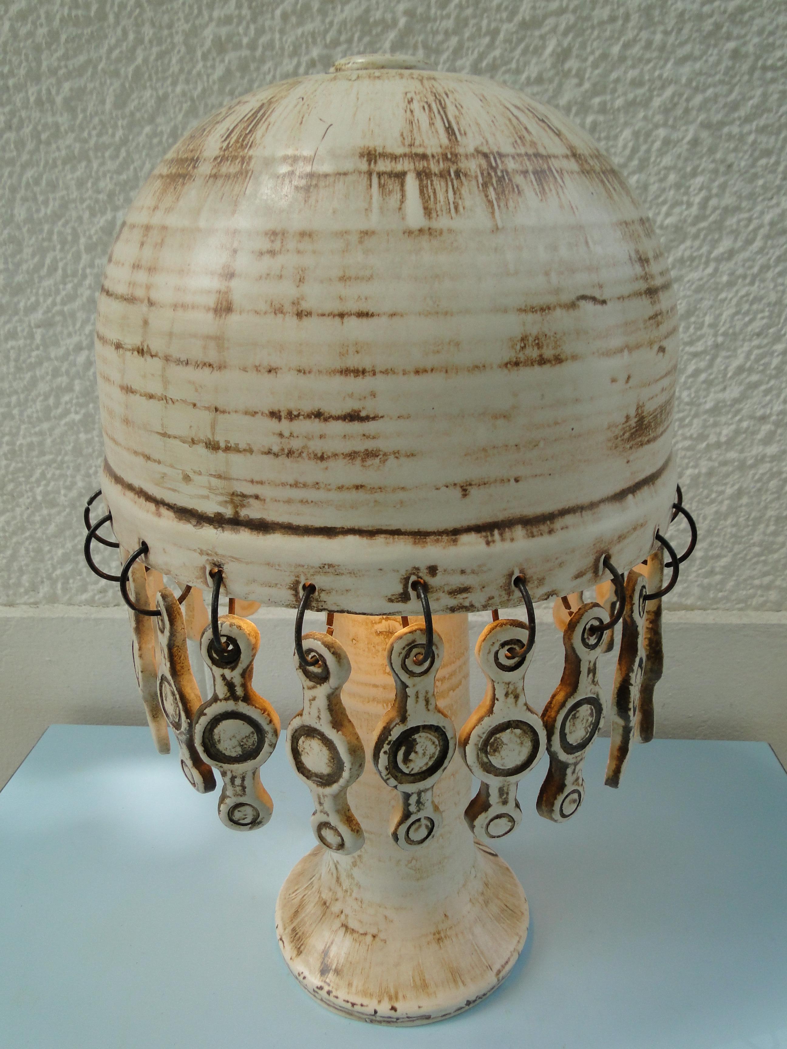 Vintage French Ceramic Table Lamp 1960 with ceramic tassels France Capron Jouve 2