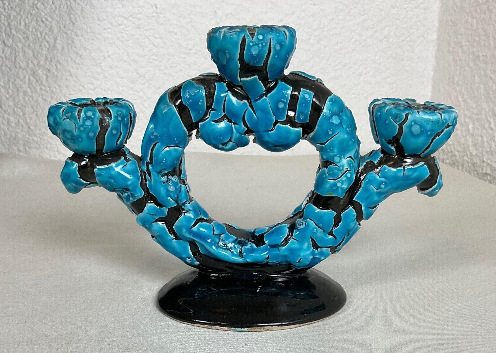 Faience Vintage French Ceramic Three-Branch Blue Chandelier - 2Y536 For Sale