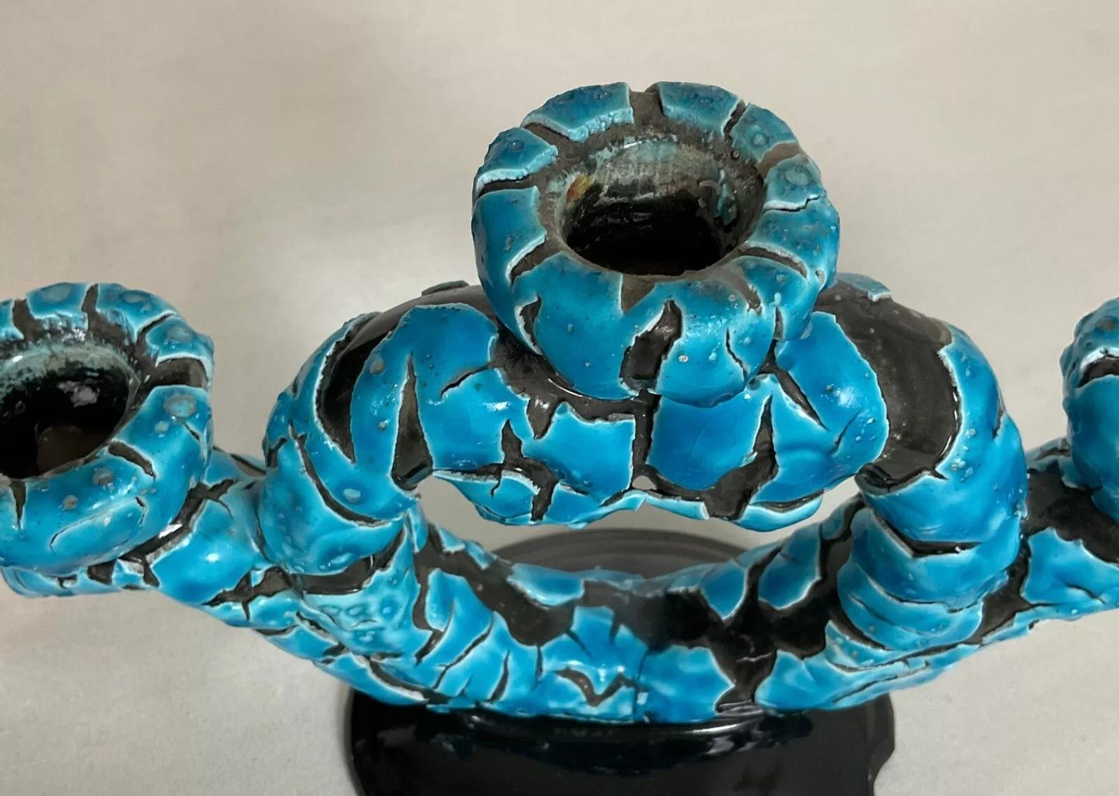 Vintage French Ceramic Three-Branch Blue Chandelier - 2Y536 For Sale 1
